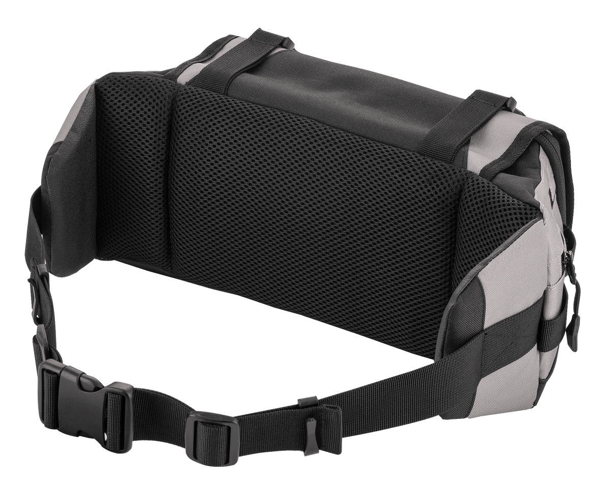 Alpinestars Tech Tool Pack, grigio nero, vista posteriore con imbottitura in rete traspirante per ventilazione e comfort, cintura regolabile con fibbia ad alta resistenza, struttura in tessuto resistente per guida off-road ed Enduro