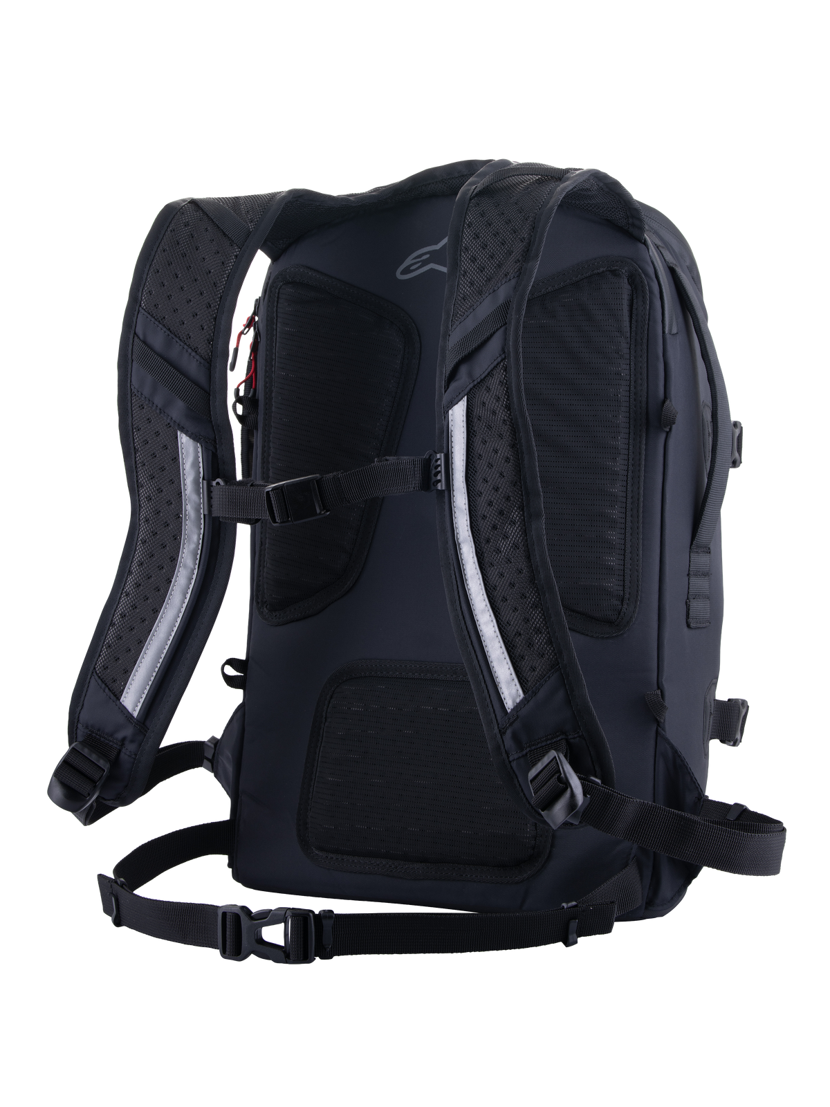 Alpinestars Zaino AMP-7, zaino tecnico da moto, nero, vista posteriore con spallacci ergonomici imbottiti e ventilati, pannello posteriore in rete traspirante, cinghia pettorale e sistema di imbracatura in vita