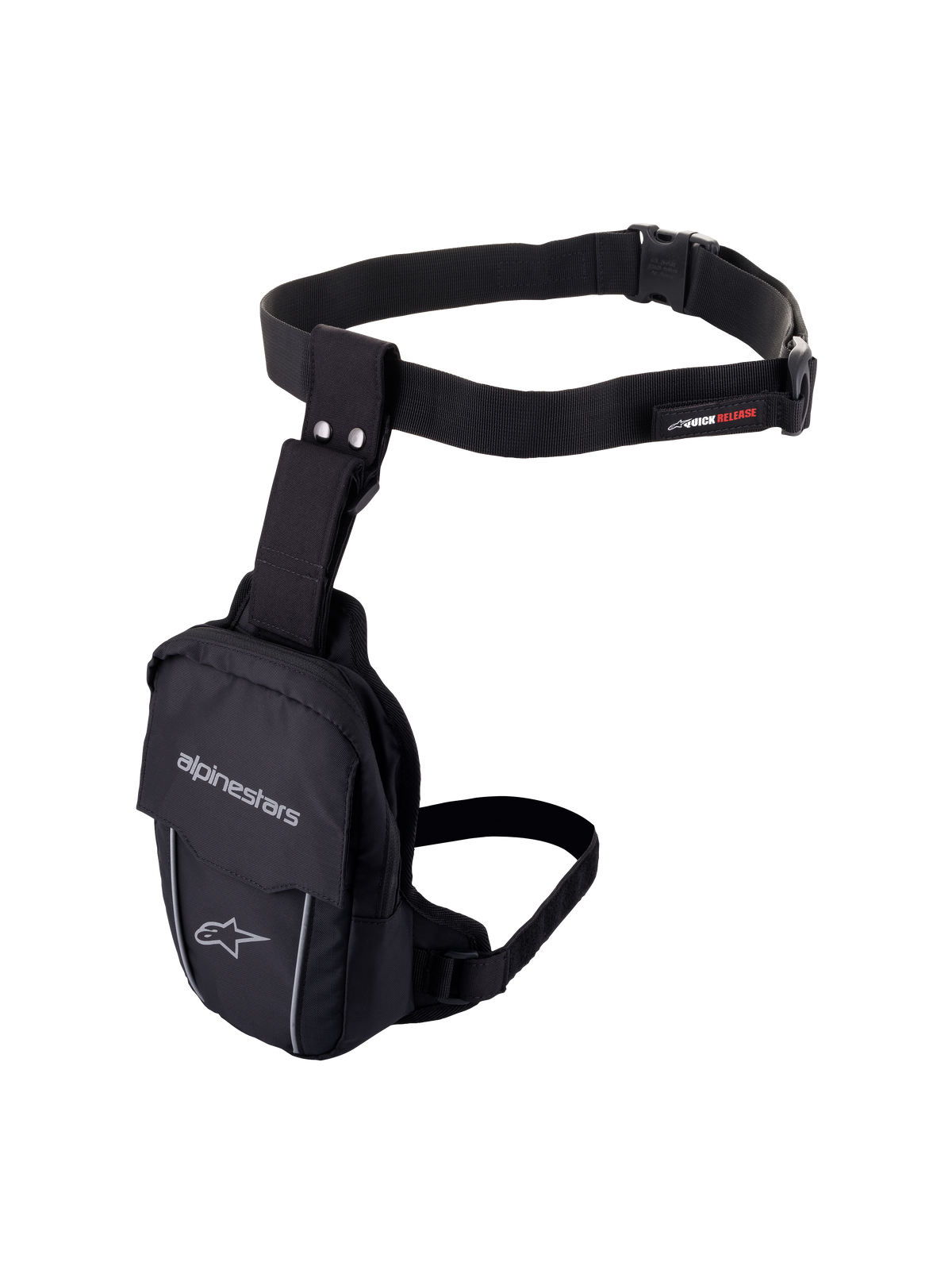 Alpinestars Access Thigh Bag, borsello da gamba da moto nero, struttura in tessuto resistente con cintura in vita e cinturino sulla coscia regolabili, caratterizzato dal marchio Alpinestars, profili riflettenti e fibbia a sgancio rapido, design ergonomico per riporre piccoli oggetti essenziali in moto.