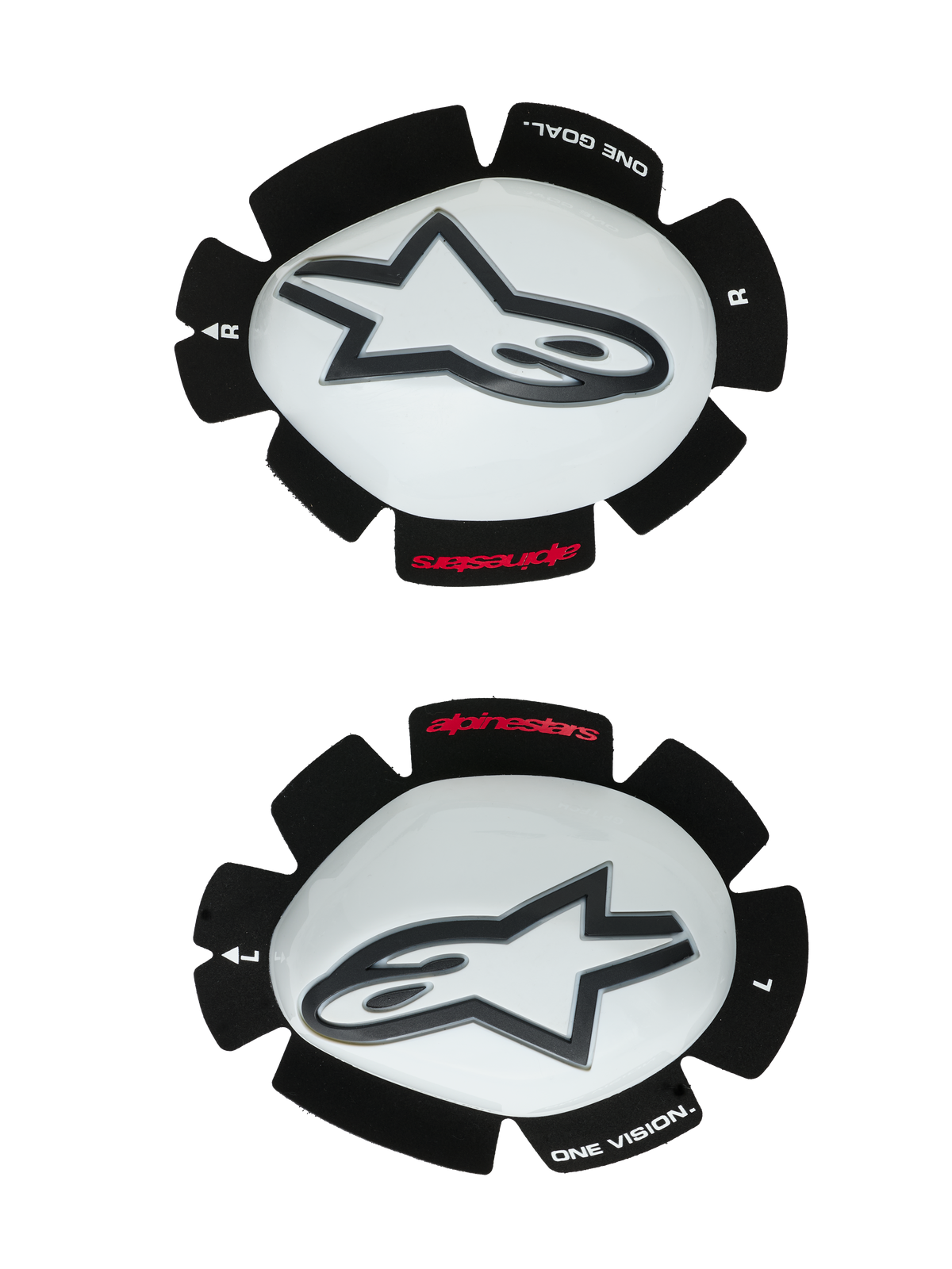 Alpinestars GP Tech Knee Sliders, protezioni per ginocchia da moto, bianco e nero, set di cursori sinistro e destro con guscio in plastica bianca e loghi Astar neri, supporto a strappo con scritta 'ONE GOAL ONE VISION', equipaggiamento racing ad alte prestazioni