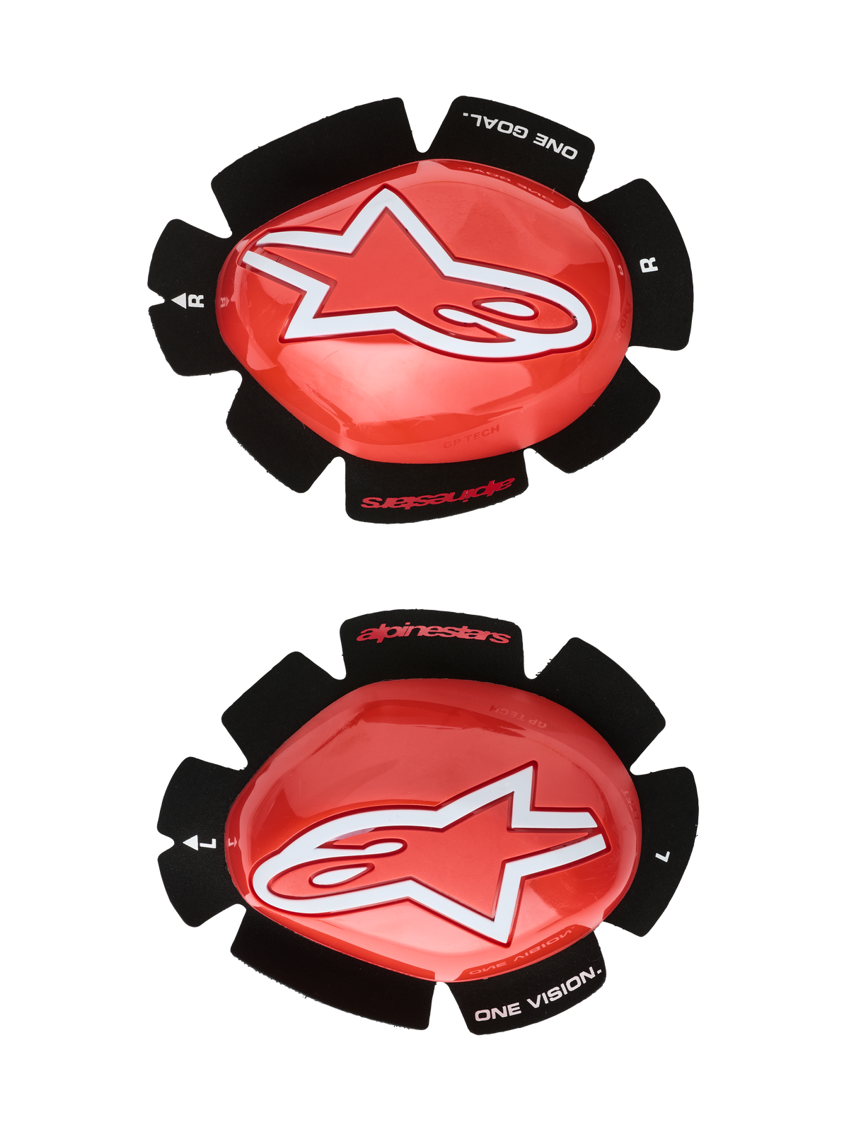 Alpinestars GP Tech Knee Sliders, rosso e bianco, protezioni ginocchio da moto racing, grande logo a stella bianco su plastica rossa lucida, scritta 'ONE GOAL. ONE VISION.' su supporto in velcro nero a forma di petalo, coppia destra e sinistra per uso in pista