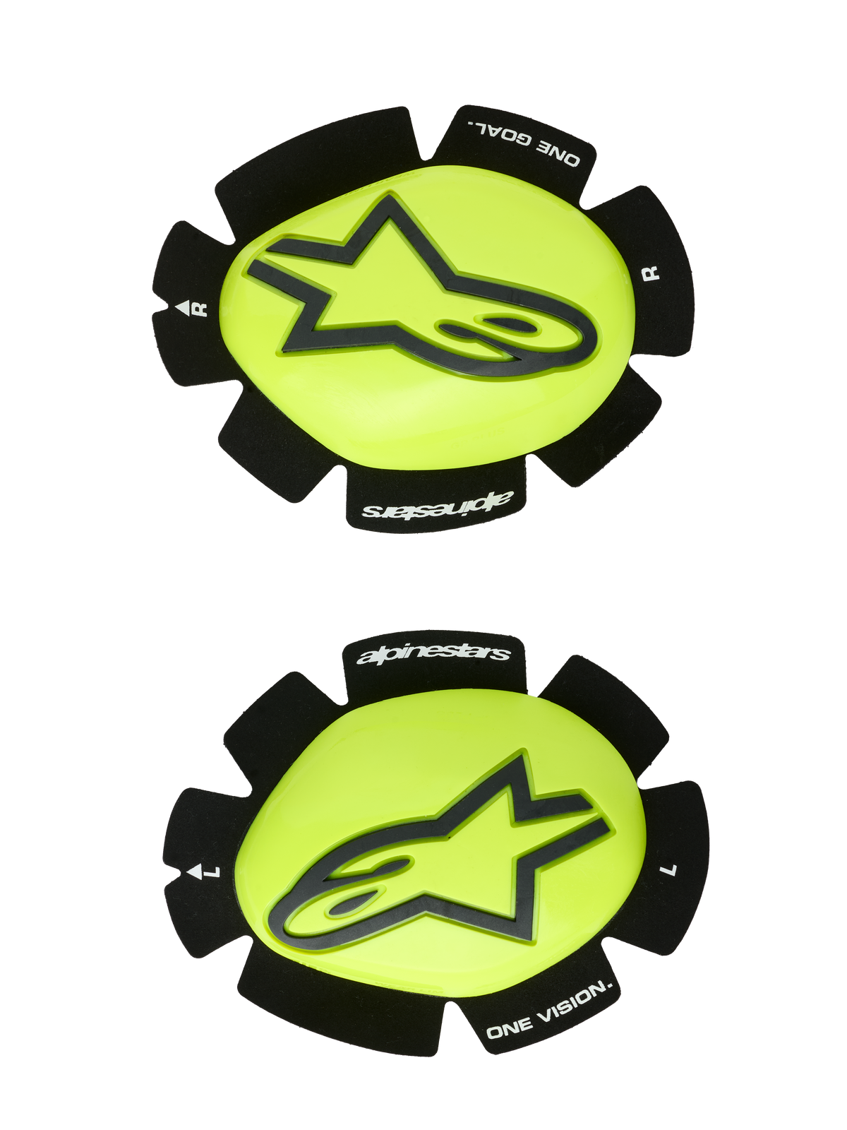 Alpinestars GP Plus Knee Slider, slider ginocchio da corsa per moto, giallo fluo e nero, coppia sinistra e destra con logo a stella nero su superficie gialla lucida, bordi neri testurizzati con branding 'alpinestars' e 'ONE GOAL ONE VISION', progettati per l'abrasione in pista