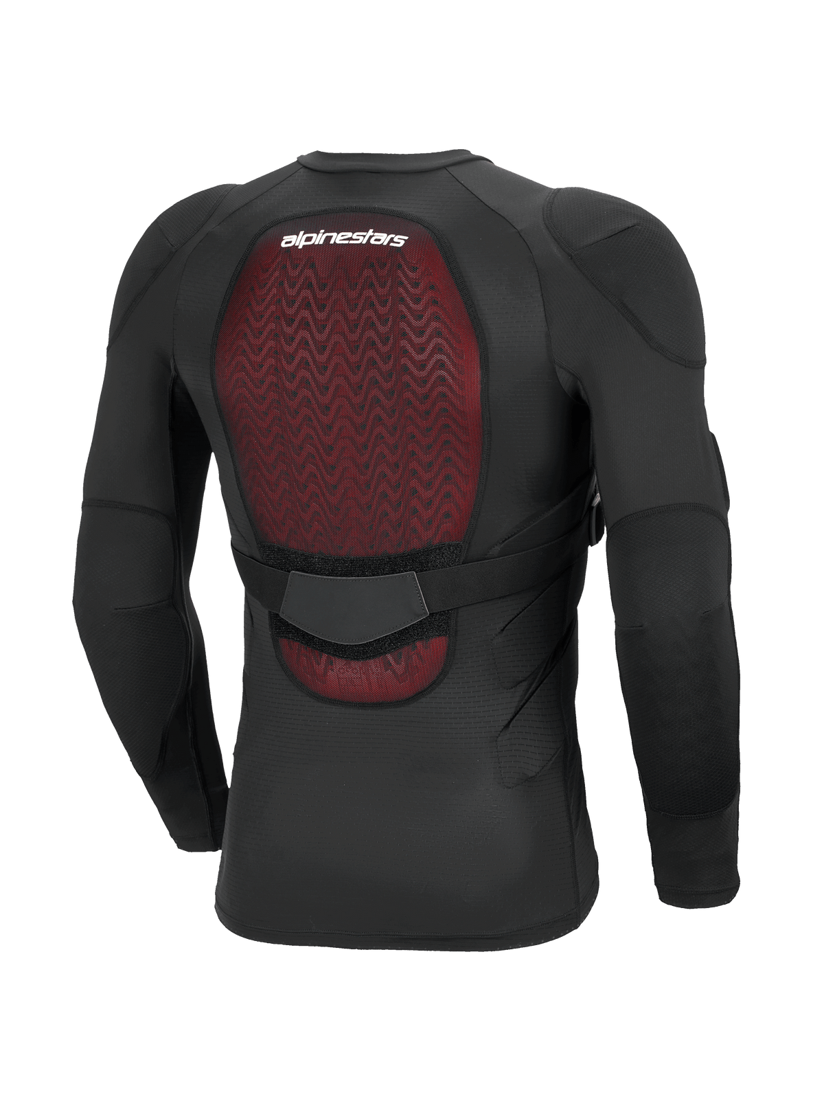 Giacca protettiva Alpinestars Bionic Plasma LT - Maniche Lunghe, nero, vista posteriore che evidenzia il paraschiena rosso Nucleon PLASMA, struttura in rete elasticizzata traspirante, fascia regolabile in vita e protezioni integrate per gomiti e spalle