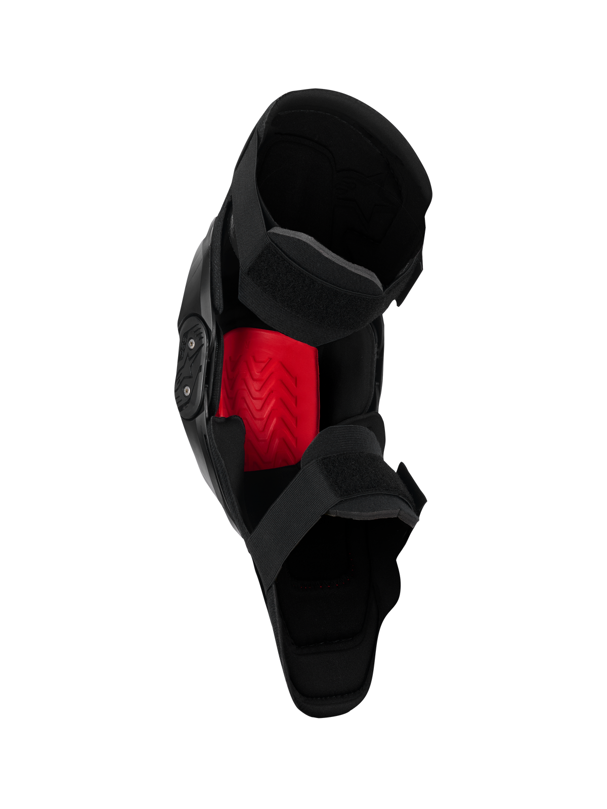 Alpinestars SX-1 Plasma Knee Protector, ginocchiera da motocross, nero e rosso, vista interna che evidenzia l'inserto rosso Nucleon PLASMA e il sistema di chiusura a doppio cinturino, progettata per prestazioni fuoristrada