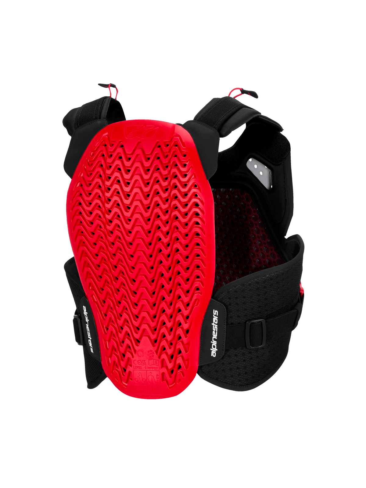 Protezione Torace Alpinestars A-4 Plasma, vista posteriore, nero e rosso, con un ampio paraschiena Nucleon PLASMA rosso dal design traforato ondulato, telaio in mesh nero con cinghie regolabili e logo Alpinestars bianco.