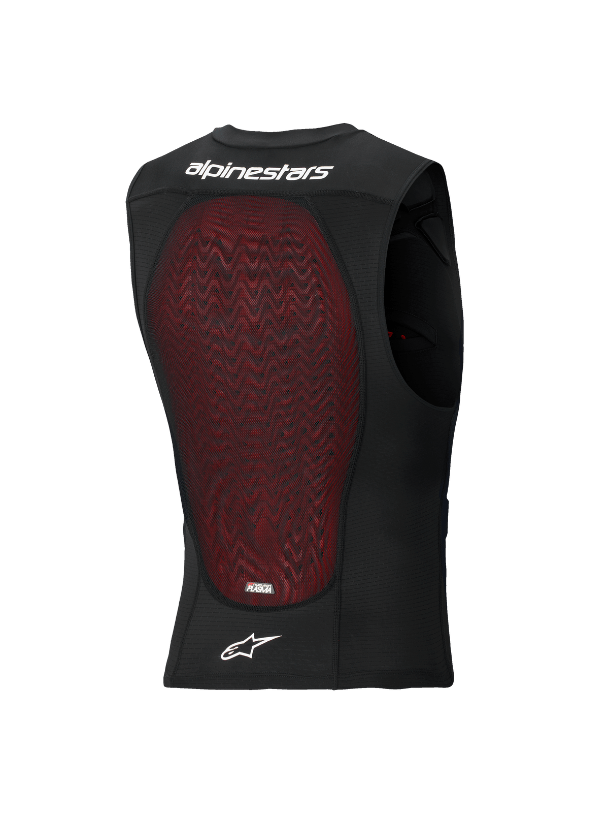 Alpinestars Bionic Plasma LT Protection Vest, vista posteriore, rete traspirante nera con un ampio paraschiena rosso Nucleon PLASMA, con scritta e logo Alpinestars bianchi, progettato per la protezione dagli impatti in fuoristrada e motocross