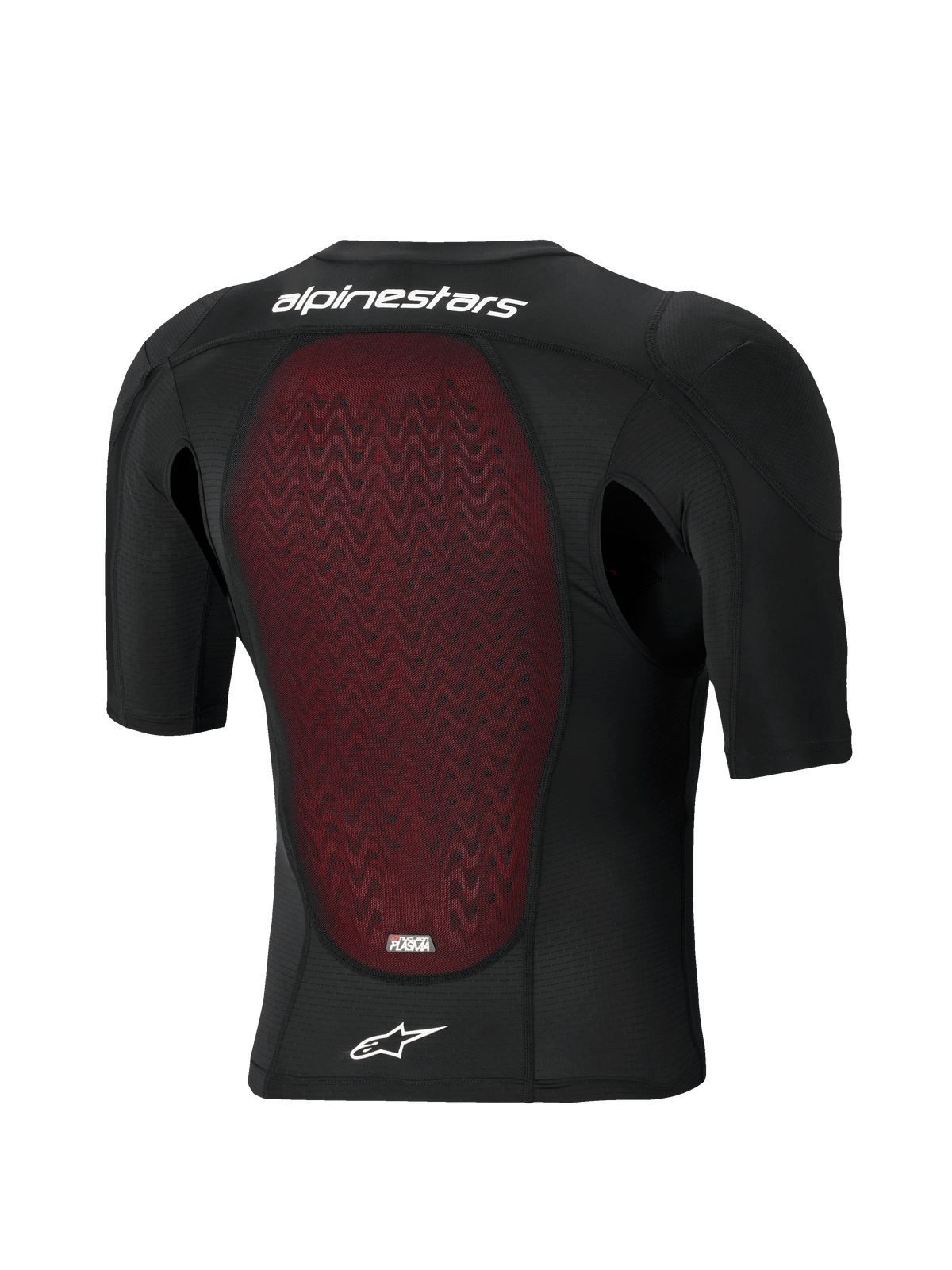 Giacca Protettiva Alpinestars Bionic Plasma LT - Maniche Corte, vista posteriore, struttura in rete nera traspirante con paraschiena Nucleon PLASMA rosso testurizzato, scritta Alpinestars e logo a stella bianchi, attrezzatura protettiva per motocross e fuoristrada