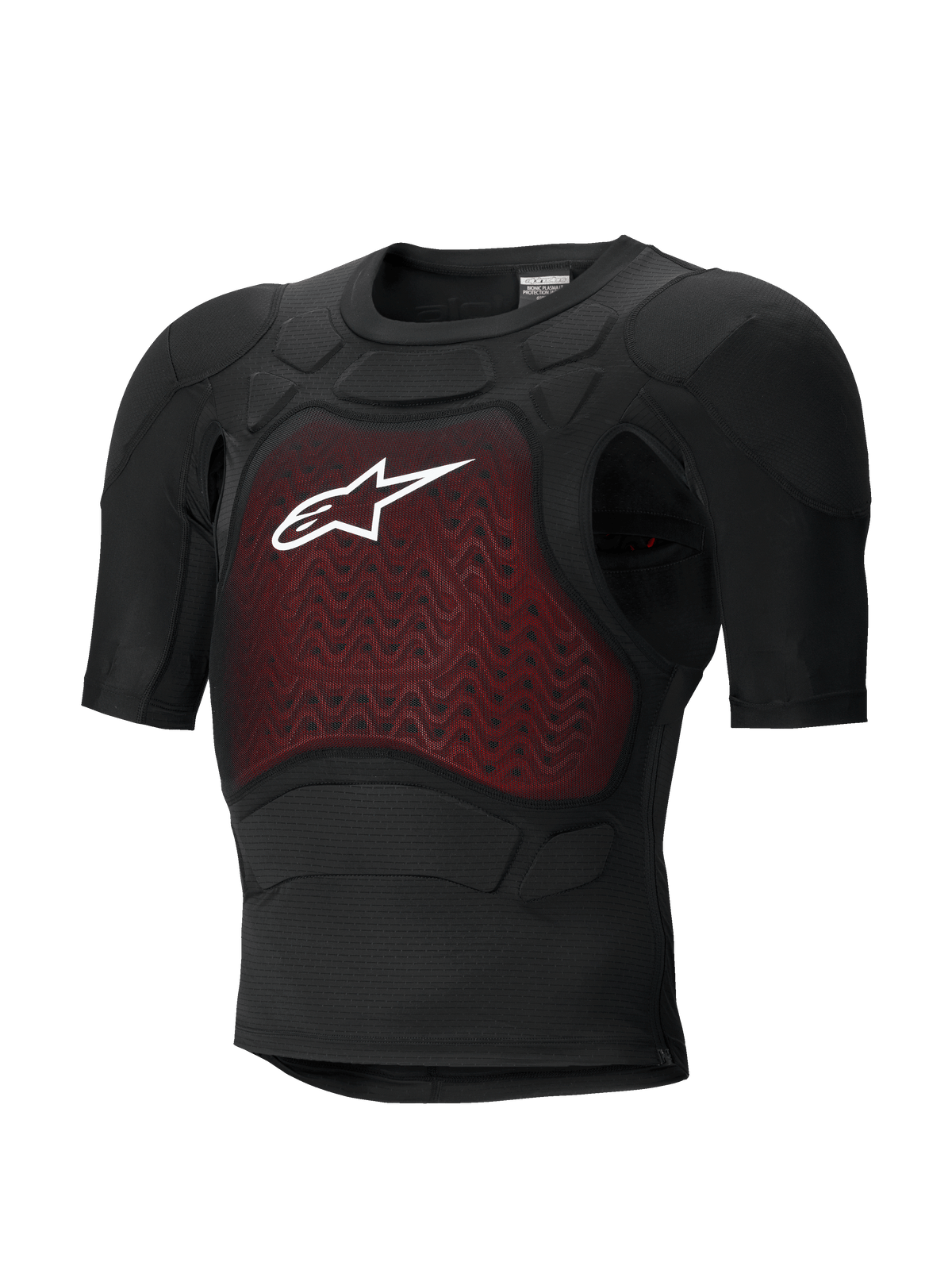 Alpinestars Bionic Plasma LT Protection Jacket - maniche corte, nero e rosso, giacca protettiva da moto con imbottitura certificata CE, telaio in rete leggera e traspirante, con pannello sul petto rosso testurizzato e logo Alpinestars bianco