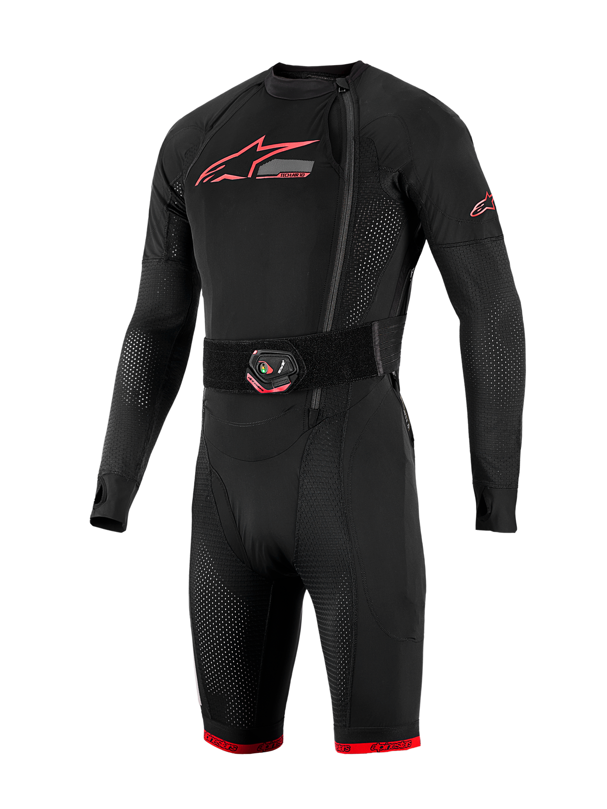 Sistema Airbag Tech-Air 10 V2 Race, intimo tecnico nero con loghi rossi, cintura LED e pannelli in mesh traspirante.