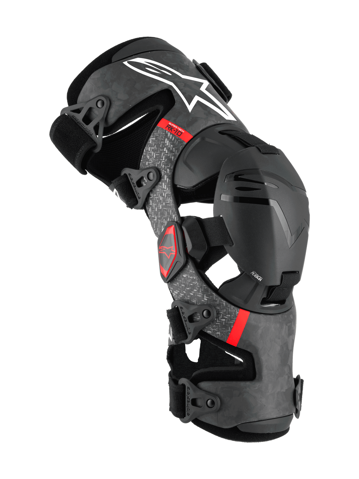 Alpinestars Supertech RK-10 Plasma Knee Brace, protezione da motocross, nera con telaio in fibra di carbonio forgiata e accenti grigi, loghi rossi, sistema di supporto articolato con cinghie regolabili, protezione premium per il fuoristrada