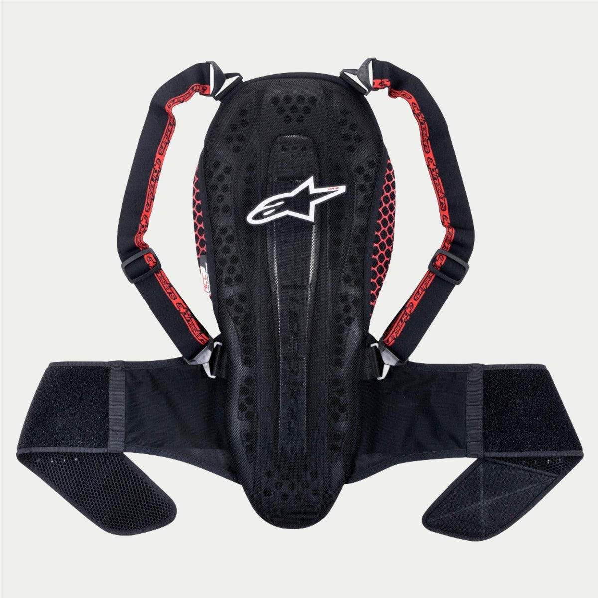Alpinestars Nucleon KR-2 Paraschiena, Black Smoke Red, protezione spinale articolata con logo a stella bianco, pannelli laterali a nido d'ape rossi, spallacci regolabili e ampia fascia in vita, equipaggiamento di sicurezza per moto certificato CE Livello 2