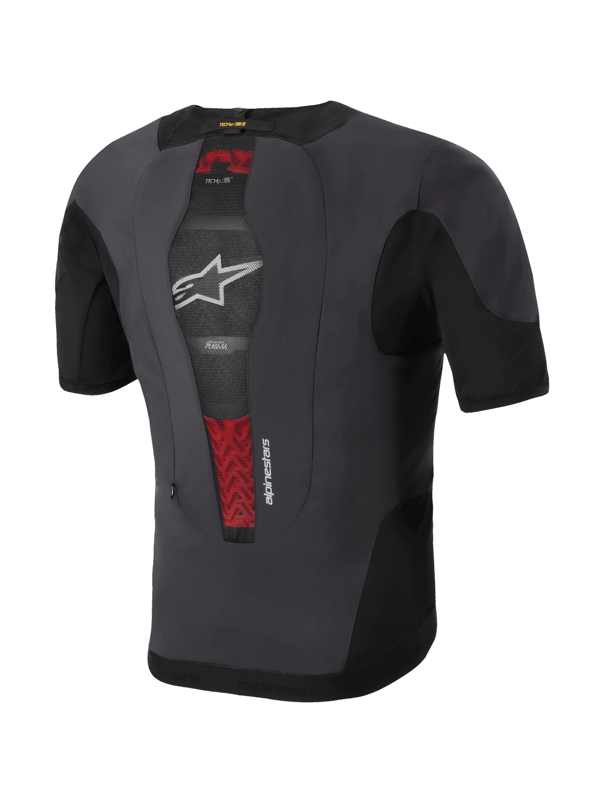Alpinestars Tech-Air® 5 Plasma System, gilet airbag da moto, vista posteriore, nero e grigio scuro, con paraschiena PLASMA integrato visibile attraverso la rete centrale con dettagli rossi, logo a stella bianco, design sottile e traspirante da indossare sotto la giacca