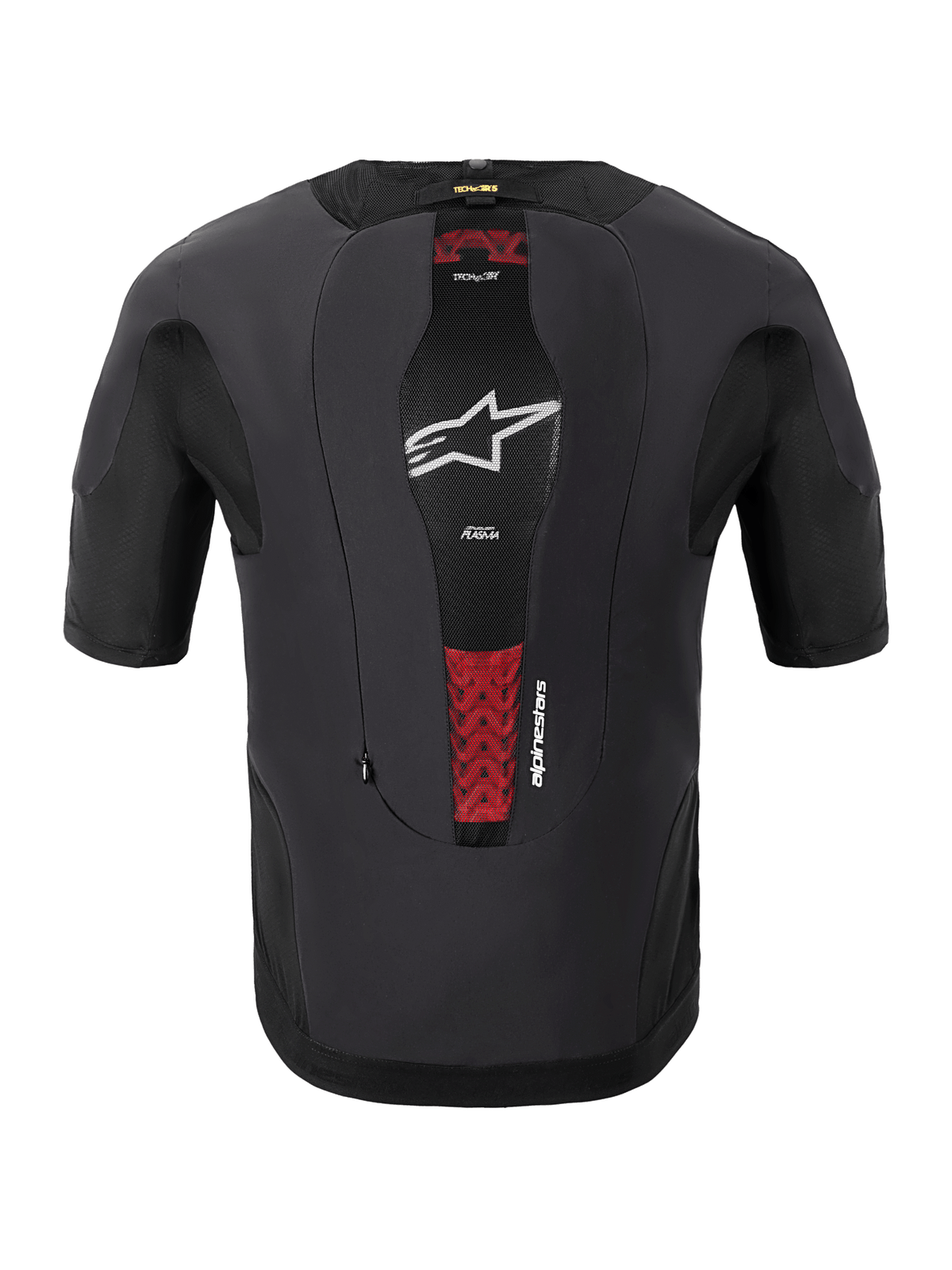 Alpinestars Tech-Air® 5 Plasma System, sistema airbag da moto, vista posteriore, nero, con pannello centrale in mesh, logo a stella bianco e accenti rossi del paraschiena PLASMA interno, design slim-fit a maniche corte per protezione sotto la giacca
