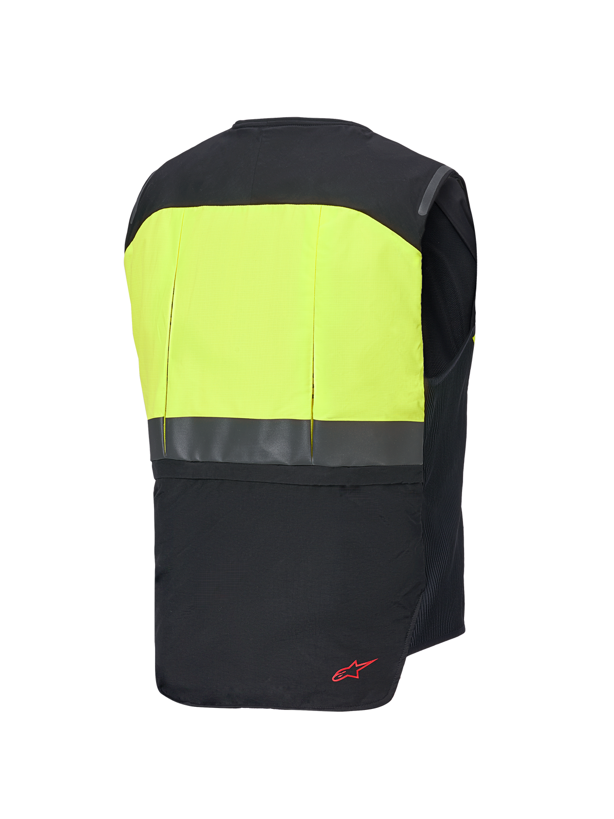 Sistema Alpinestars Tech-Air® 3 V2, gilet airbag da moto, vista posteriore, nero e giallo fluo, con pannello posteriore superiore in giallo ad alta visibilità, striscia orizzontale riflettente e dettaglio del logo rosso