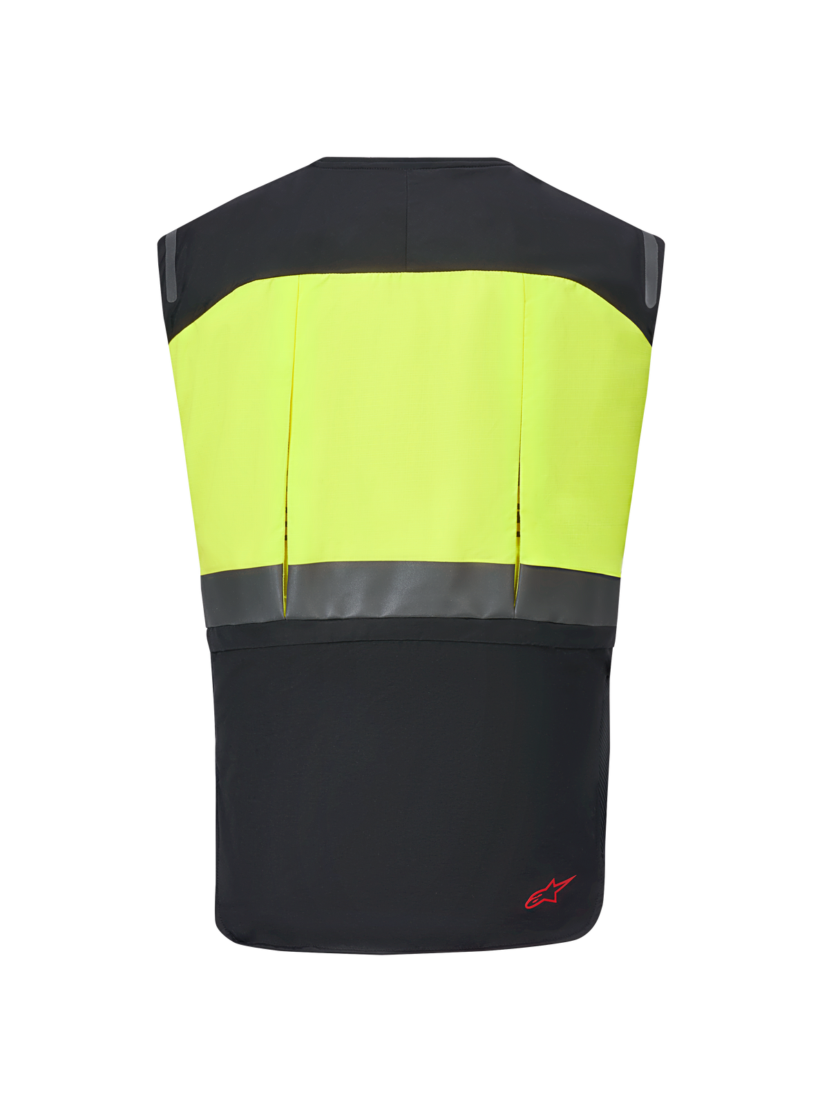 Alpinestars Tech-Air® 3 V2 System, gilet airbag da moto, nero e giallo fluo, vista posteriore con sezione superiore gialla ad alta visibilità e striscia orizzontale riflettente, protezione sottile e leggera per il touring e il commuting