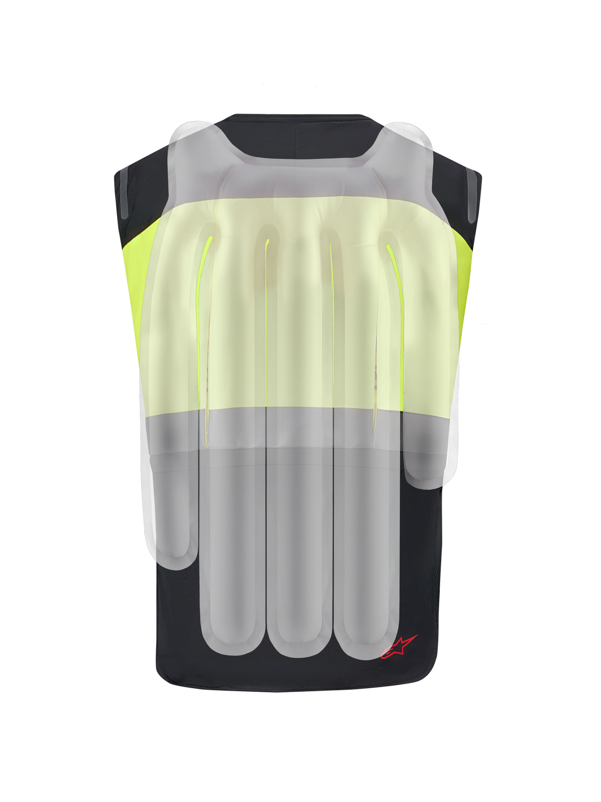 Alpinestars Tech-Air® 3 V2 System, gilet airbag da moto, nero e giallo fluo, vista posteriore con sovrapposizione traslucida che mostra le camere d'aria interne dell'airbag per la protezione della colonna vertebrale e delle spalle