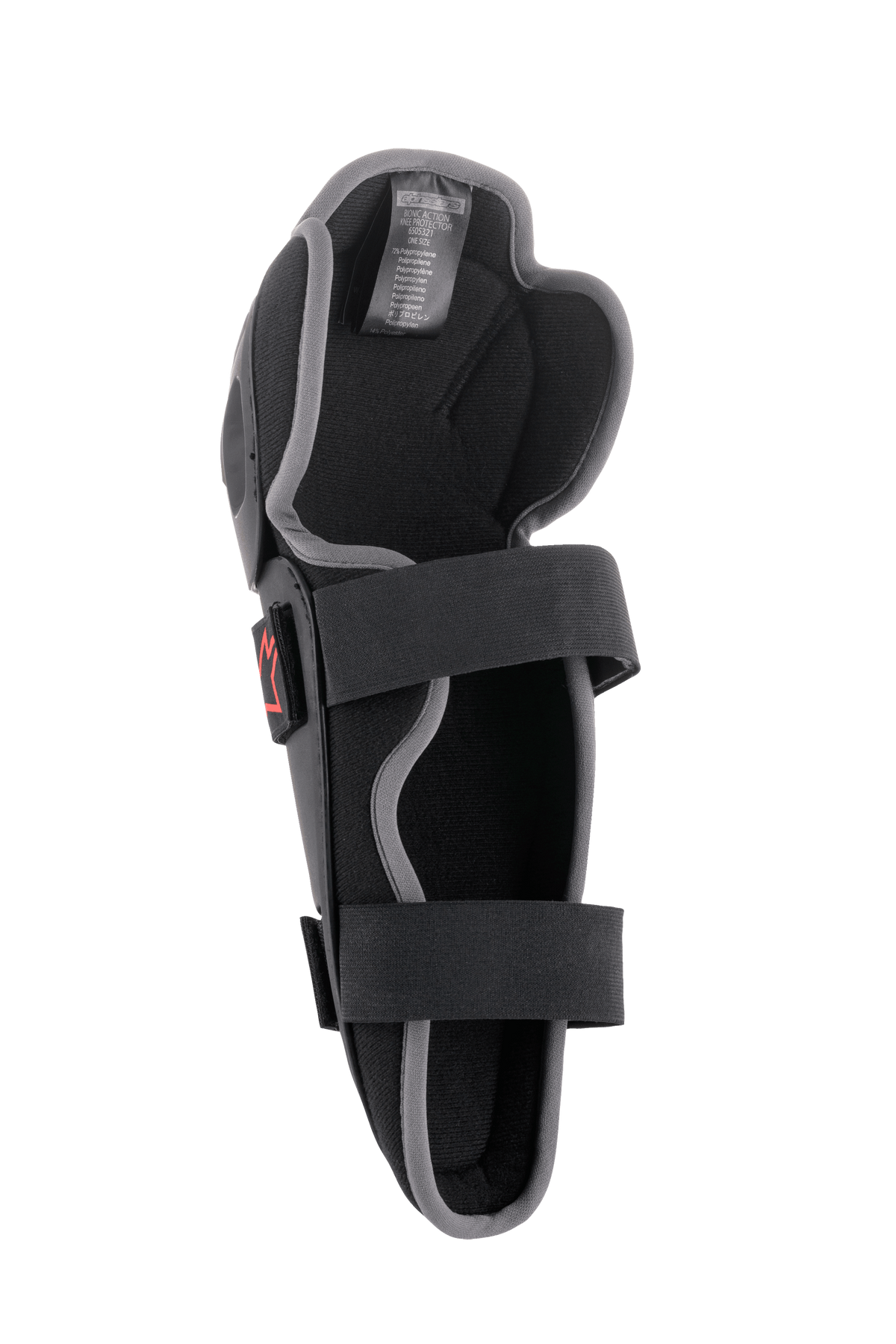Alpinestars Bionic Action Knee Protector, ginocchiera da motocross, nero e grigio, vista interna con doppio sistema di cinghie elasticizzate, imbottitura in schiuma e design asimmetrico ergonomico per la guida fuoristrada