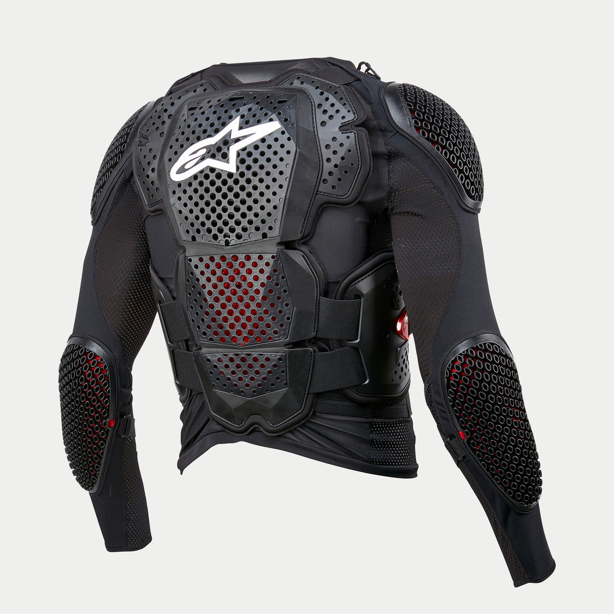 Giacca protettiva Alpinestars Bionic Tech V3, nero, vista posteriore con protezioni integrate per schiena, spalle e gomiti, logo Alpinestars bianco su piastra posteriore traforata, costruzione in mesh elasticizzato con imbottitura interna rossa visibile, cinghie a V regolabili per protezione fuoristrada