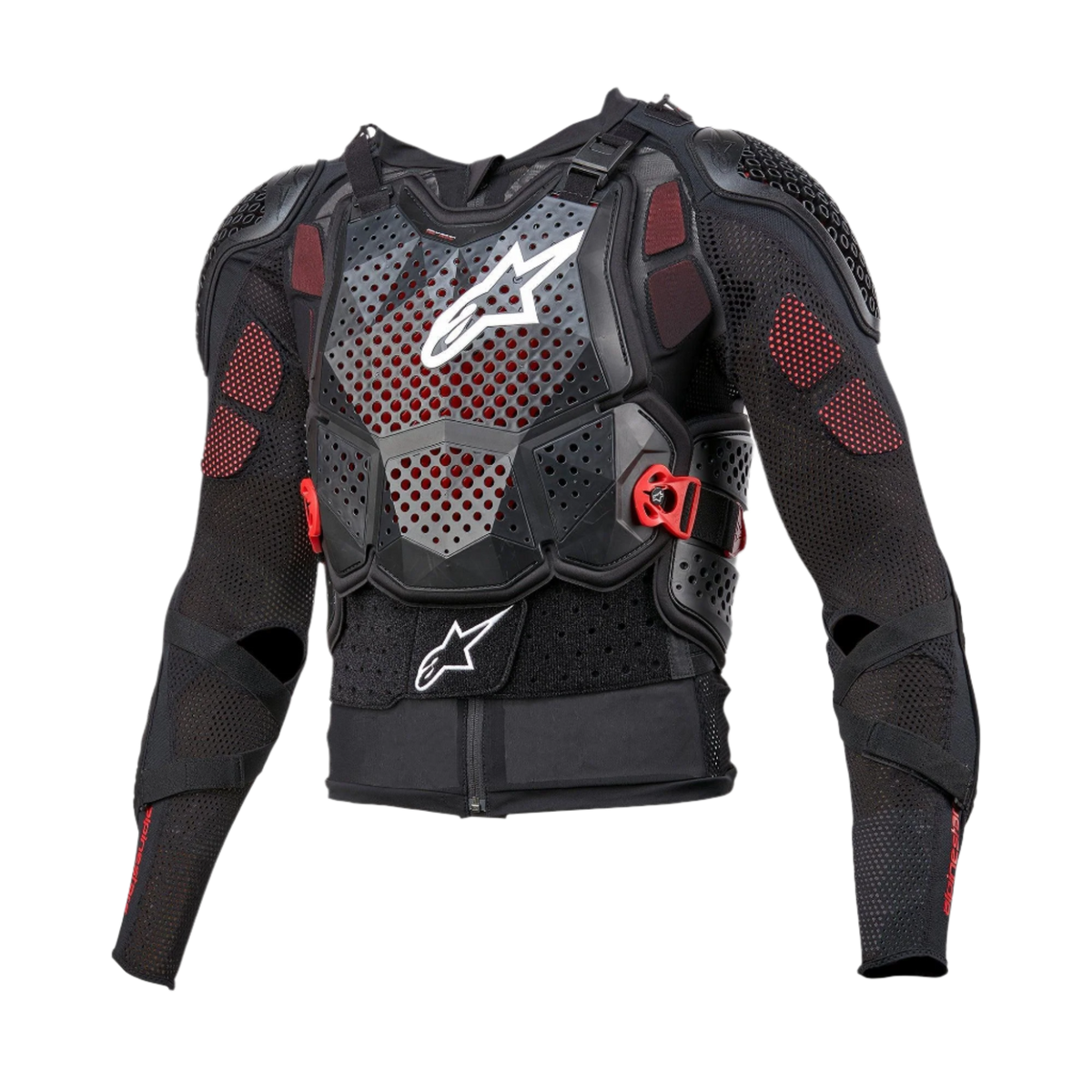 Alpinestars Bionic Tech V3 Protection Jacket, giacca protettiva da moto, nera con dettagli bianchi e rossi, con protezione toracica traforata e logo a stella bianco, fibbie rosse regolabili, protezioni per spalle e gomiti integrate e strato base in mesh traspirante