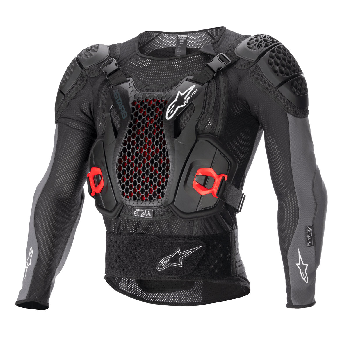 Alpinestars Bionic Plus V2 Protection Jacket, pettorina protettiva da motocross, nero e grigio antracite con dettagli rossi, con protezione per il petto a rete a nido d'ape, spalle e gomiti imbottiti, design in rete traspirante per gare off-road