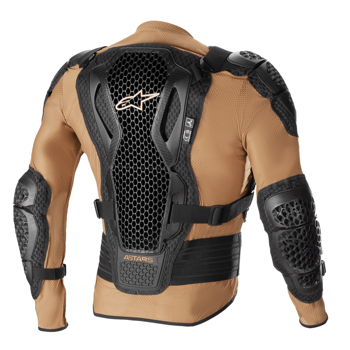 Giacca protettiva Alpinestars Bionic Action V2, Sand Black e Tangerine, vista posteriore con paraschiena a tecnologia Cell dal design a nido d'ape, protezioni integrate per spalle e gomiti, costruzione in mesh traspirante color sabbia