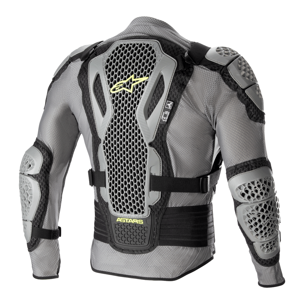 Giacca protettiva Alpinestars Bionic Action V2, vista posteriore, grigio e nero con accenti giallo fluo, dotata di protezioni per schiena, spalle e gomiti con tecnologia Cell altamente traforata, telaio in mesh grigio con cinghie regolabili nere e marchio Astars giallo