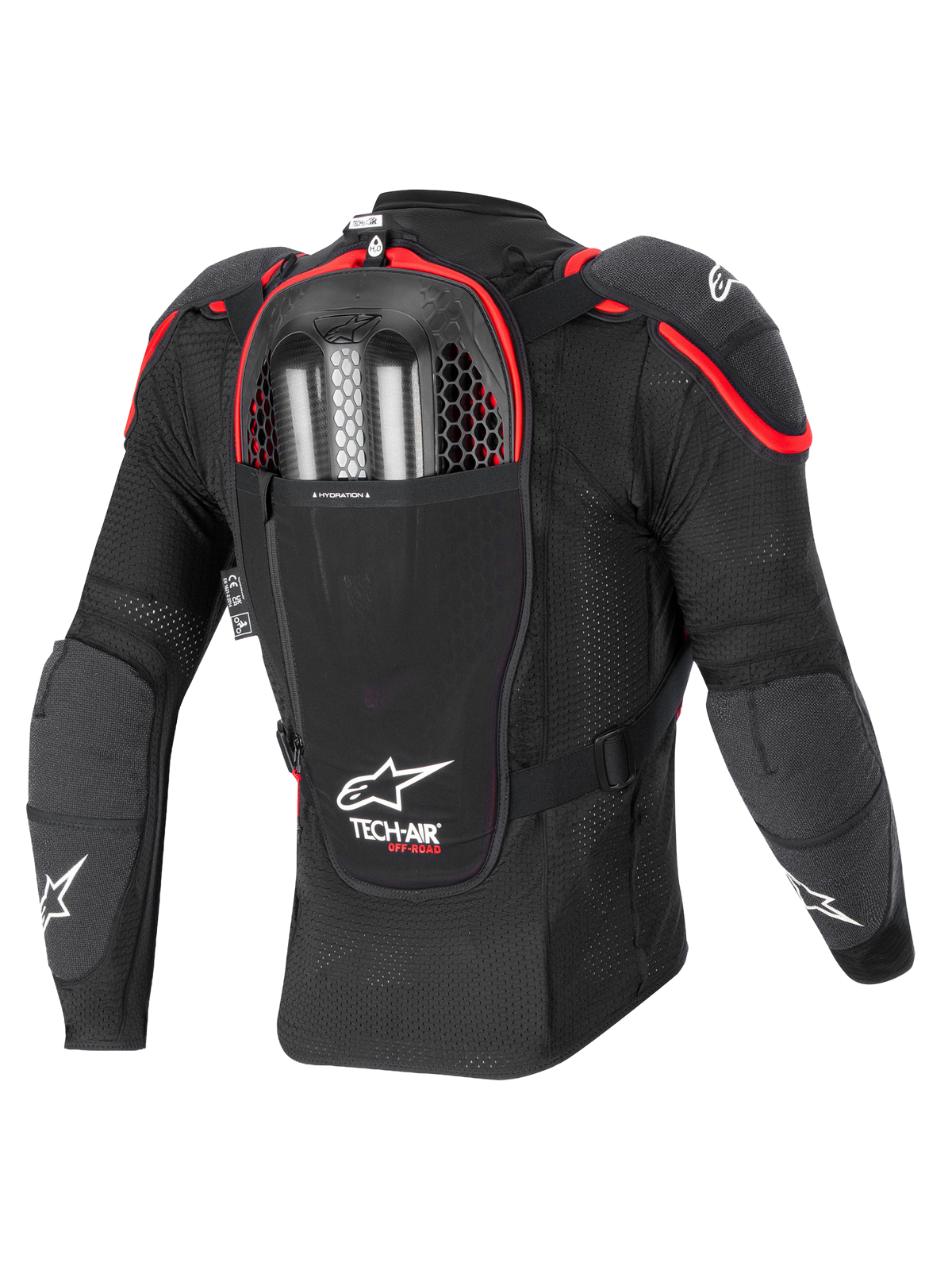 Alpinestars Airbag Tech-Air Off-Road, giacca protettiva airbag da moto off-road, vista posteriore, nero e rosso, con paraschiena Nucleon CELL integrato e vano per inflatori a doppia carica
