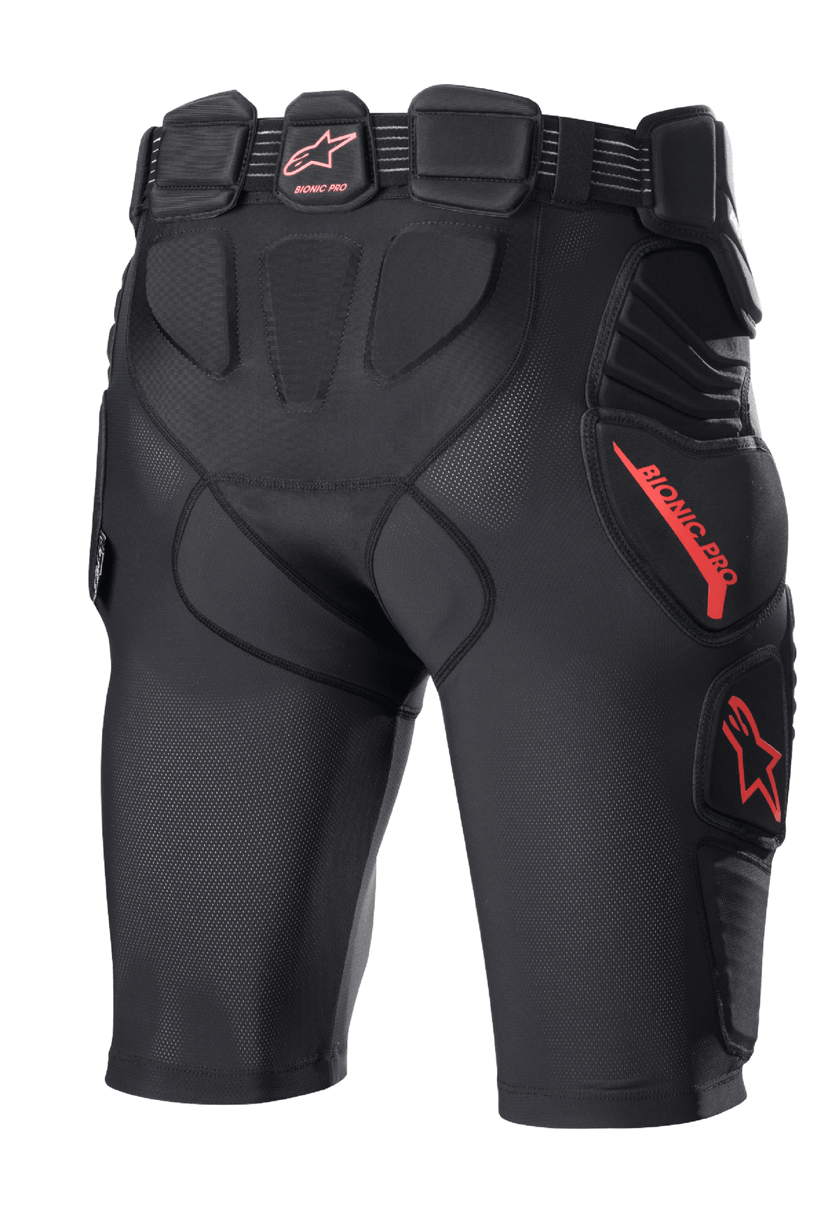 Alpinestars Bionic Pro Protection Shorts, pantaloncini protettivi da motocross, nero e rosso, vista posteriore con imbottitura integrata su fianchi e cosce, struttura in rete traspirante, logo e marchio Alpinestars rossi, strato protettivo di base per la guida fuoristrada