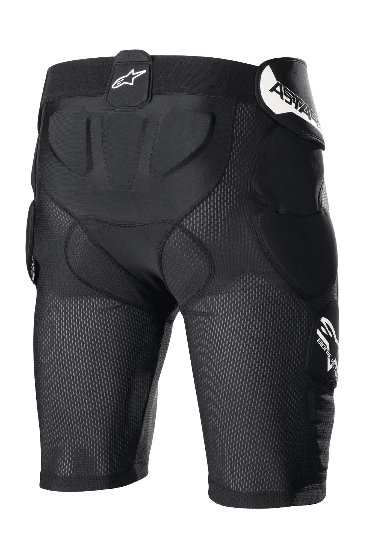 Alpinestars Bionic Action Protection Shorts, pantaloncini protettivi da motocross, nero, struttura in rete traspirante, imbottitura integrata su fianchi e coccige, logo bianco sulla vita e sul fianco