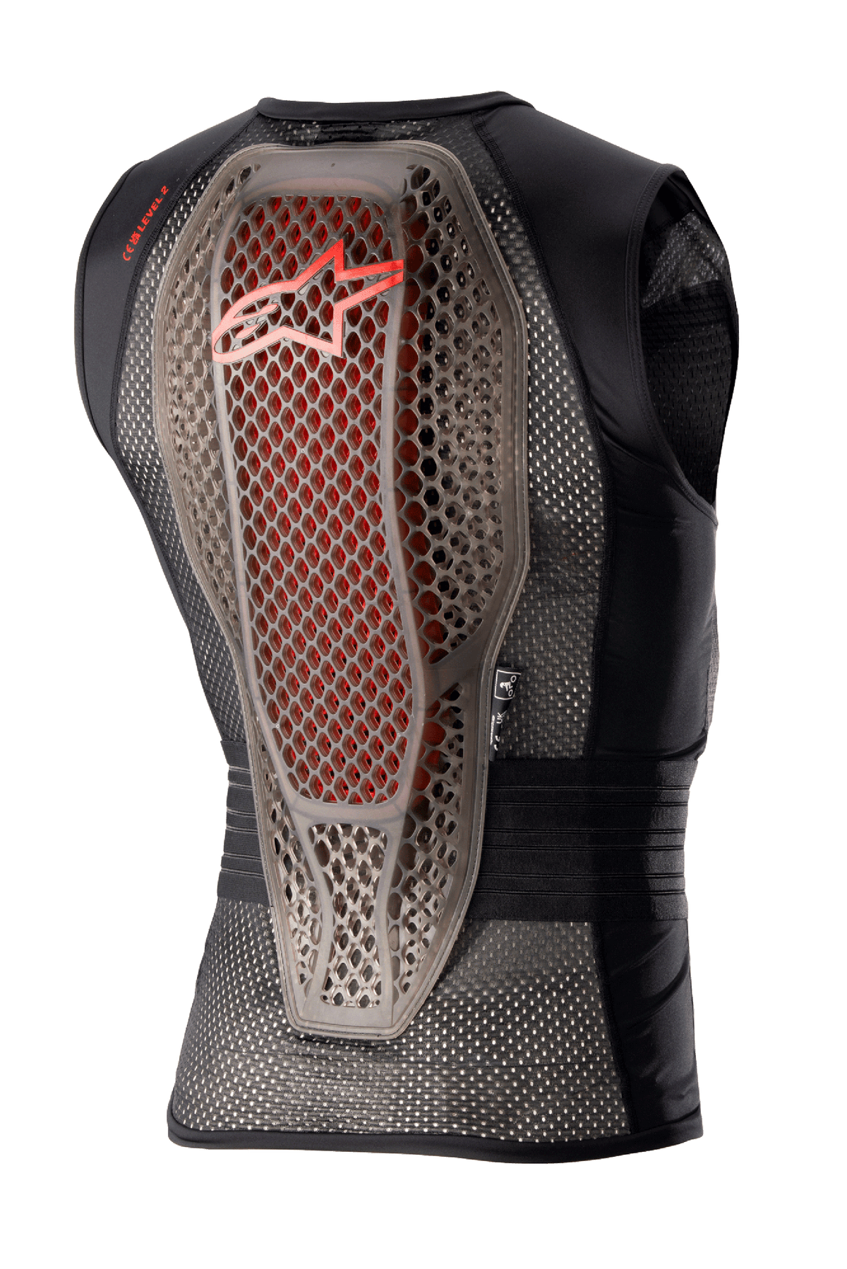 Gilet protettivo Alpinestars Nucleon Flex Pro, protezione corpo da moto, fumo trasparente rosso nero, vista posteriore che mostra il paraschiena con struttura Cell ibrida e accenti rossi, telaio in rete nera ventilata e design ergonomico di sicurezza
