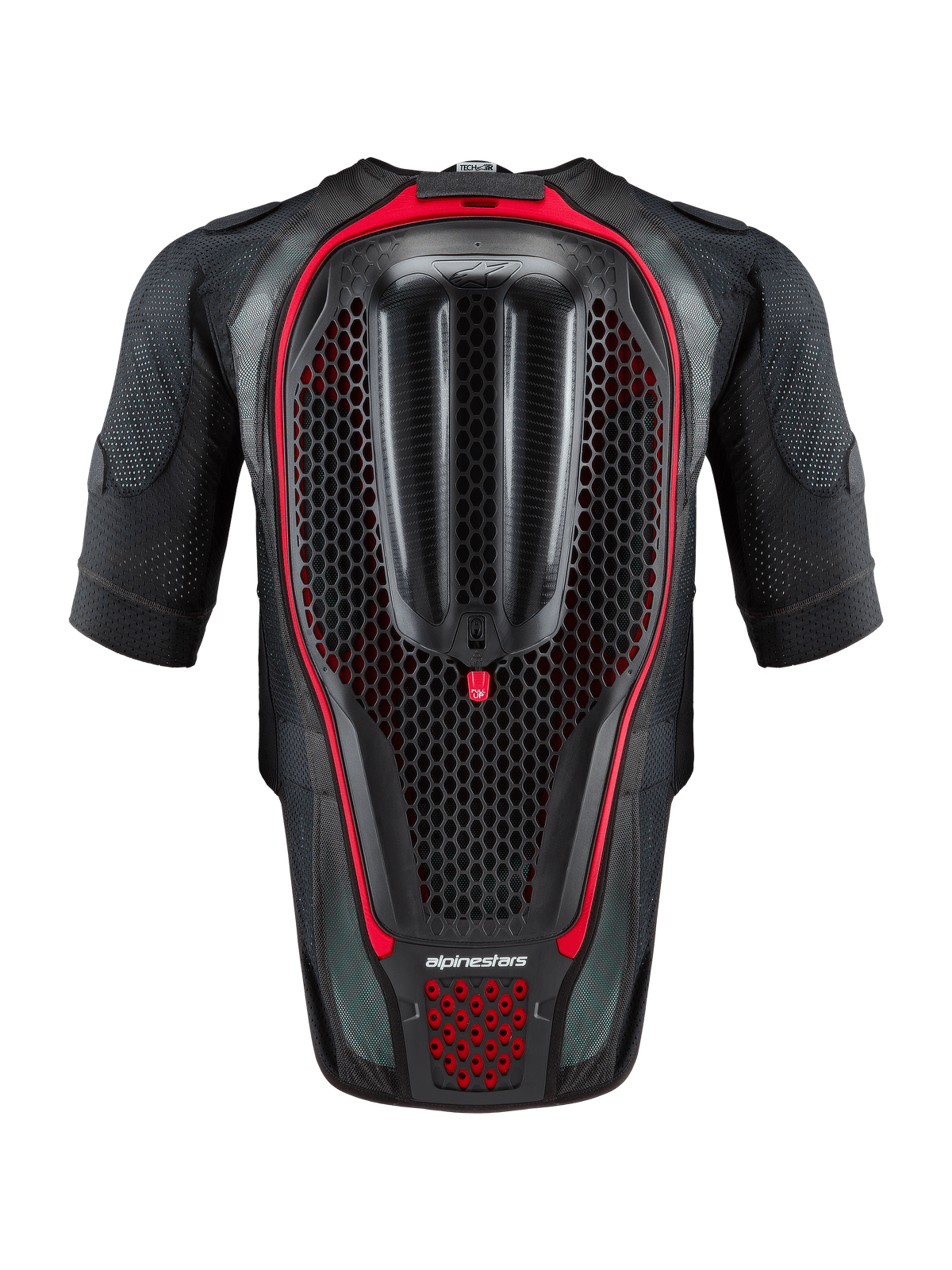 Alpinestars Tech-Air® 7X System, gilet airbag da moto autonomo, nero e rosso, vista posteriore con paraschiena integrato a nido d'ape e costruzione in mesh ventilata per la guida su pista e su strada.