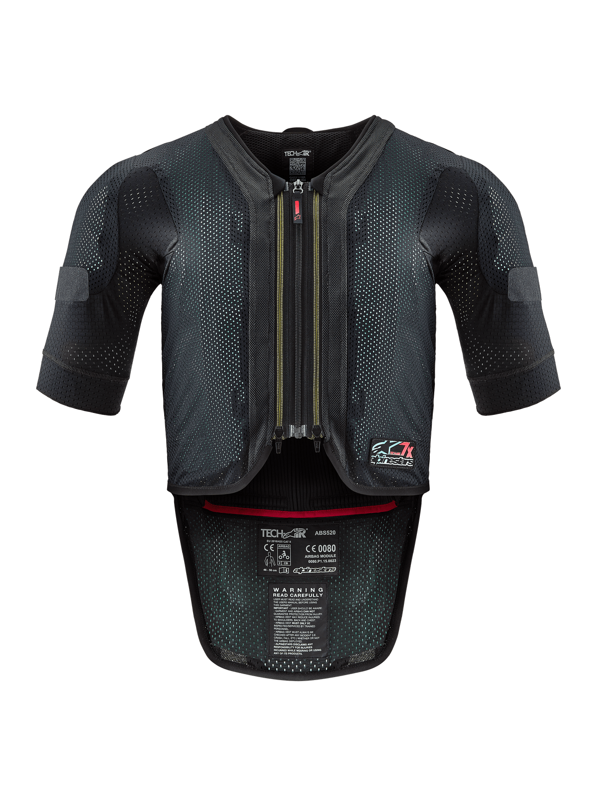 Alpinestars Tech-Air® 7X System, gilet airbag da moto, nero e rosso, vista frontale con telaio in mesh ventilata, cerniera centrale con cursore rosso ed etichette di certificazione interne, protezione ad alte prestazioni per la guida in pista e su strada
