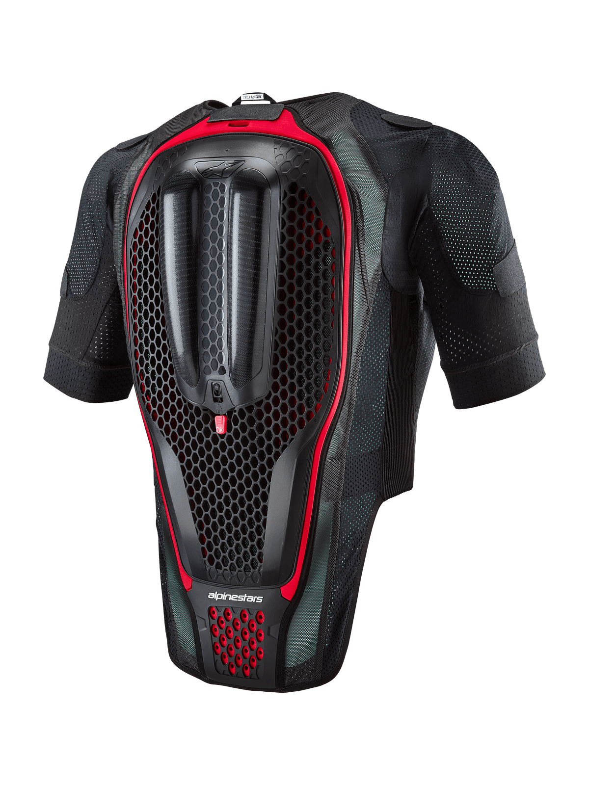 Sistema Alpinestars Tech-Air® 7X, gilet airbag da moto, vista posteriore con paraschiena integrato a trama a nido d'ape, tessuto mesh nero con dettagli rossi, protezione ergonomica per corse su strada e uso in pista