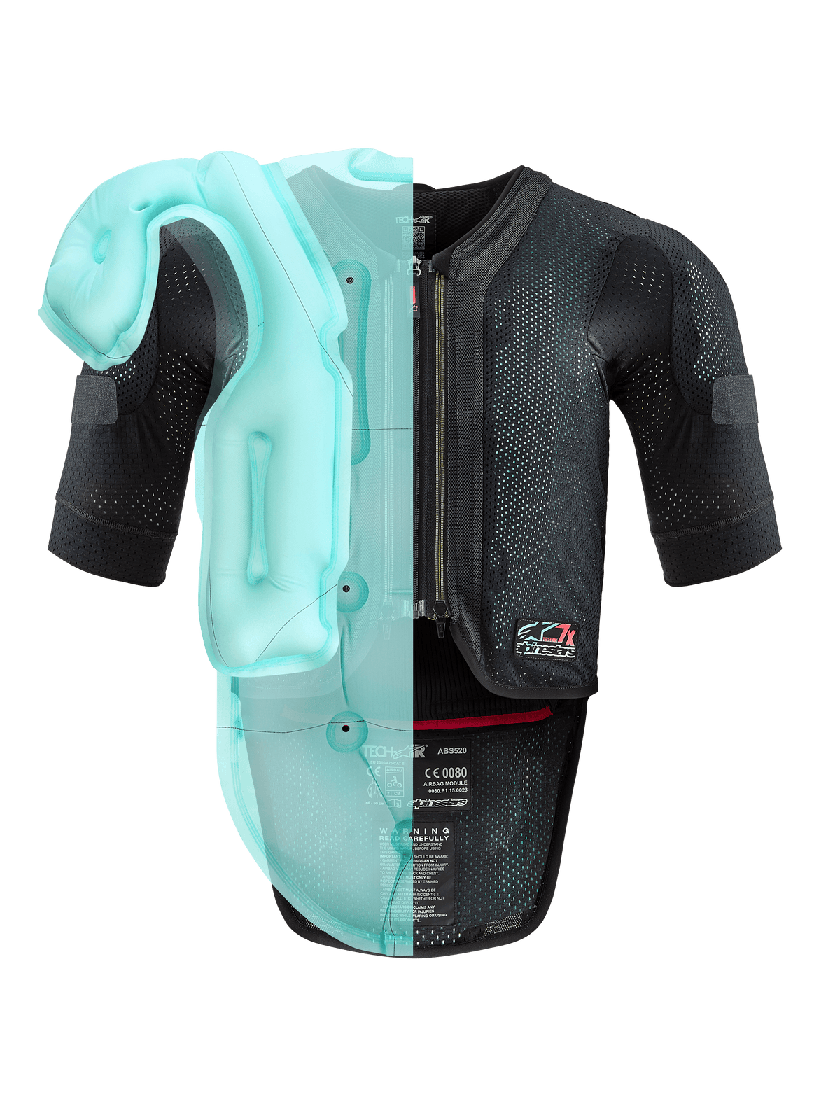 Alpinestars Tech-Air® 7X System, gilet airbag da moto autonomo, struttura in mesh nero con visualizzazione traslucida azzurra della camera d'aria interna dell'airbag, abbigliamento protettivo tecnico a maniche corte con para schiena integrato