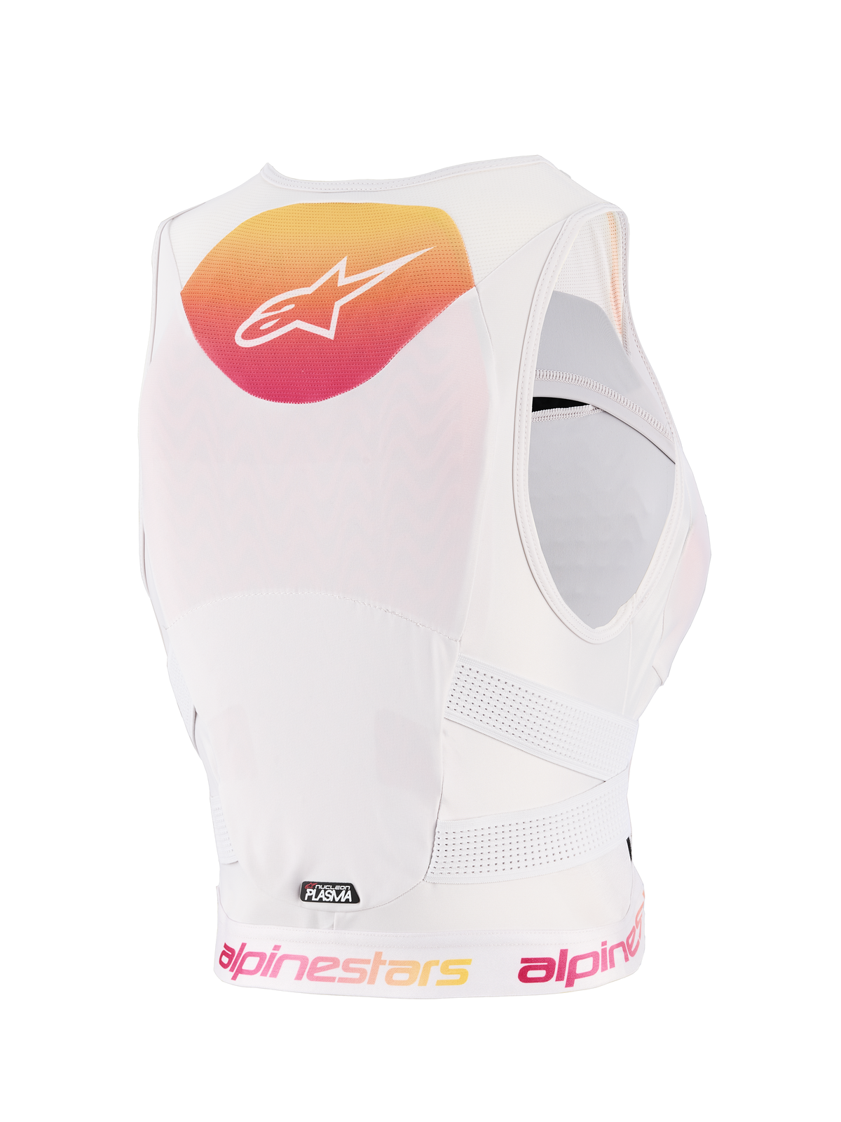 Alpinestars Stella PLASMA Protezione Torace Donna, Light Lilac Fade White, vista posteriore con grafica sfumata gialla e rosa e logo bianco, struttura in rete traspirante bianca e cinghie laterali traforate per protezione fuoristrada.