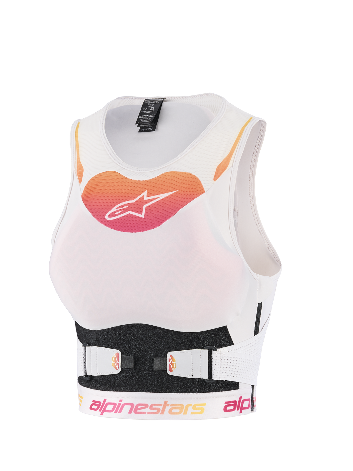 Alpinestars Stella Plasma Chest Protector, pettorina protettiva da motocross da donna, bianca con logo sfumato arancione e rosa, struttura in rete traspirante con cinghie V-Belt regolabili, protezione ergonomica off-road