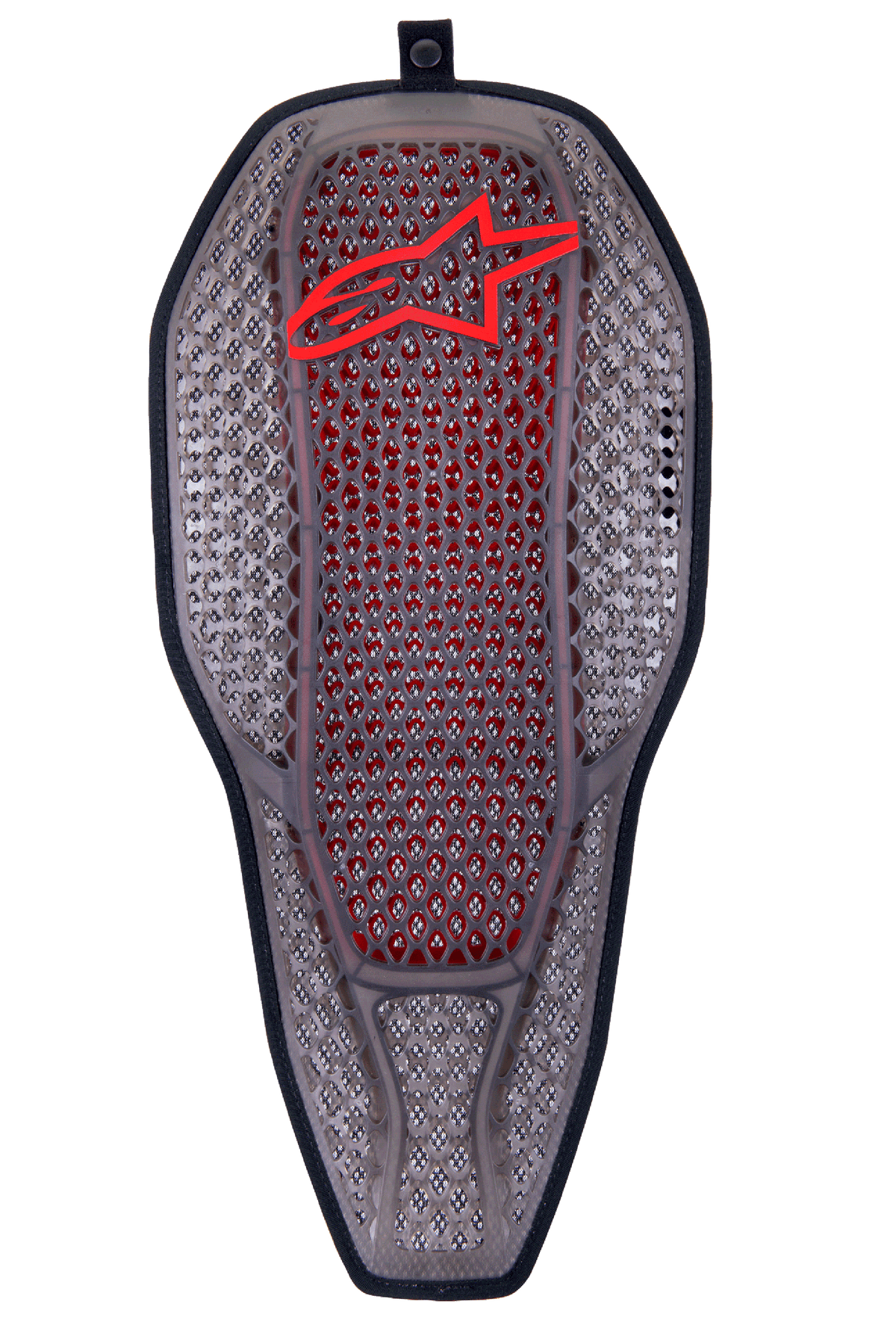 Alpinestars Nucleon Flex Proi Full Back Protector Insert, Transparent Smoke Red, struttura a celle esagonali grigio fumo con nucleo interno rosso, logo Alpinestars rosso in alto, forma ergonomica a scudo allungato, protezione per motociclismo altamente ventilata