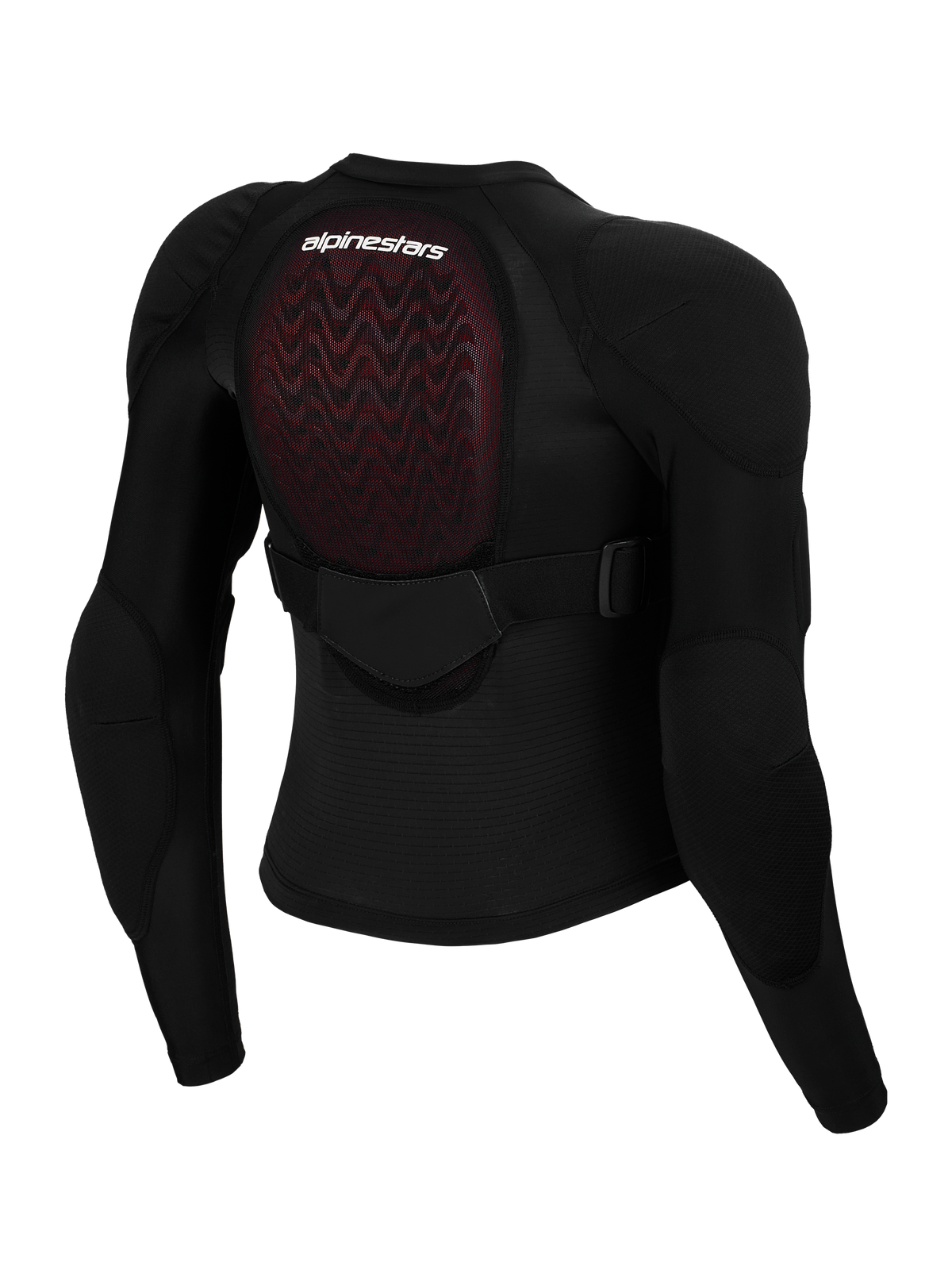 Giacca protettiva Alpinestars Bionic Plasma LT per ragazzi, vista posteriore, mesh nera con paraschiena Nucleon PLASMA rosso, protezioni integrate per spalle e gomiti, cinghia regolabile a metà schiena, attrezzatura protettiva per motocross giovanile