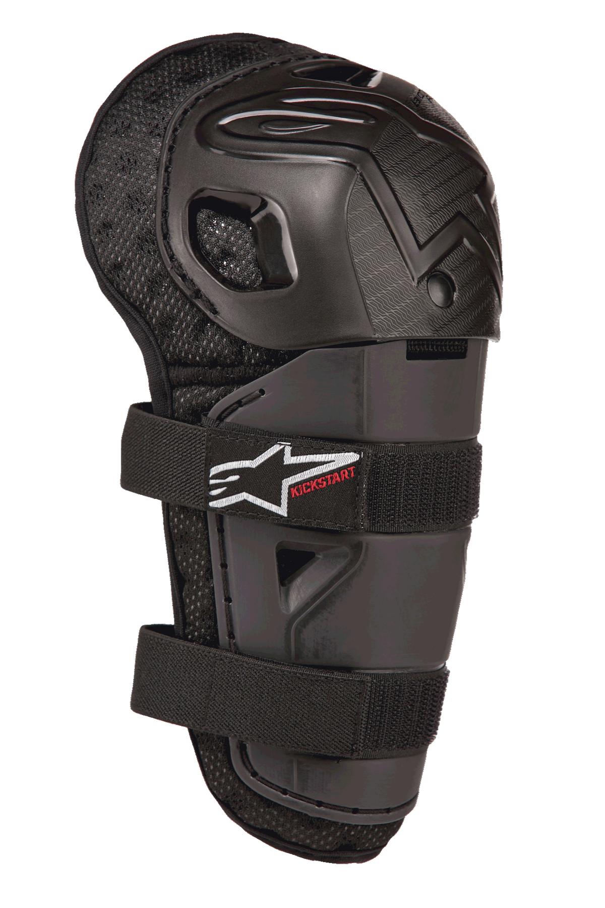 Alpinestars Bionic Action Kickstart Knee Guard, protezione ginocchio e stinco da motocross per ragazzi, nero, con guscio in plastica articolato, doppia chiusura elastica con logo bianco e marchio Kickstart rosso, supporto in rete imbottita per la protezione fuoristrada