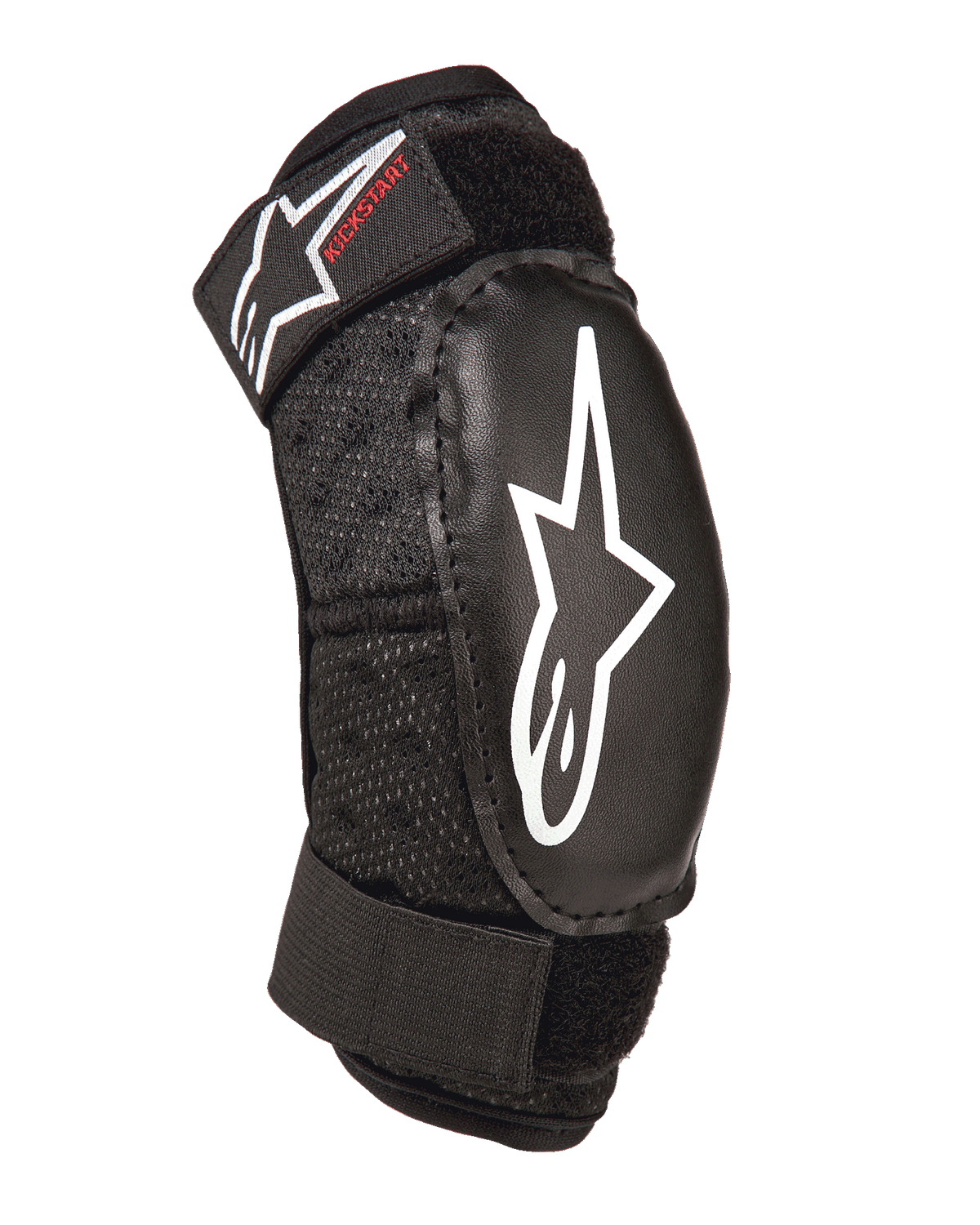 Alpinestars Youth Bionic Action Kickstart Elbow Guard, nero, gomitiera protettiva per ragazzi con logo a stella bianco e marchio Kickstart rosso, doppie cinghie regolabili in velcro, tessuto a rete traspirante, design ergonomico per motocross e sport d'azione
