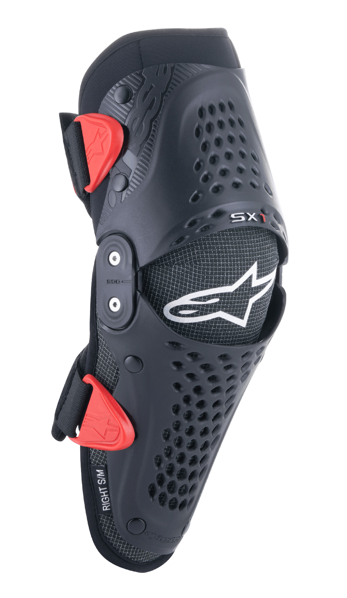 Alpinestars Youth SX-1 Knee Protectors, ginocchiere da motocross, nero e rosso, con fori di ventilazione traforati, sistema a doppio perno, cinghie regolabili con fibbie rosse, logo a stella bianco, protezione moto off-road per ragazzi