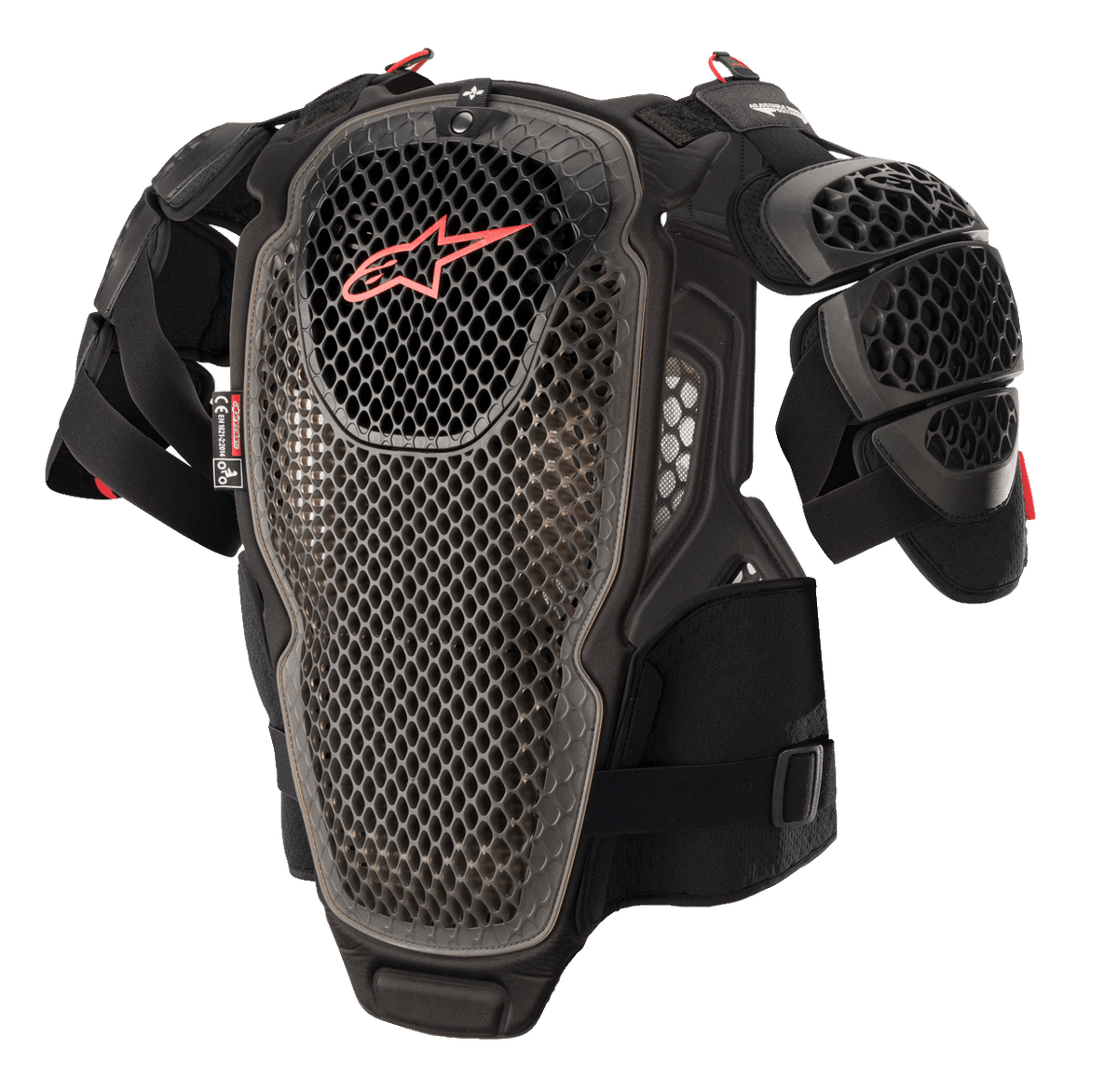Alpinestars A-6 Chest Protector, protezione per il torace da motocross, nero antracite e rosso, con piastre a tecnologia cellulare perforata, logo Alpinestars rosso sul petto, cinghie regolabili e protezioni spalle rimovibili, equipaggiamento protettivo da fuoristrada