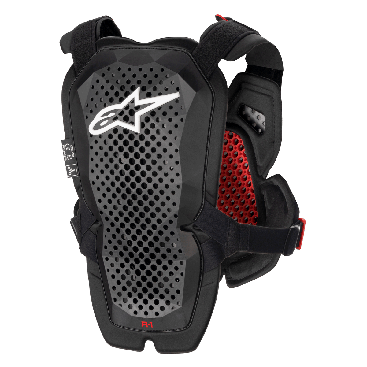 Alpinestars A-1 Pro Chest Protector, antracite nero e rosso, vista posteriore che mostra il pannello di protezione dorsale, tecnologia poliedrica traforata per la ventilazione, logo Astars bianco, imbottitura interna a nido d'ape rossa, attrezzatura protettiva per moto fuoristrada