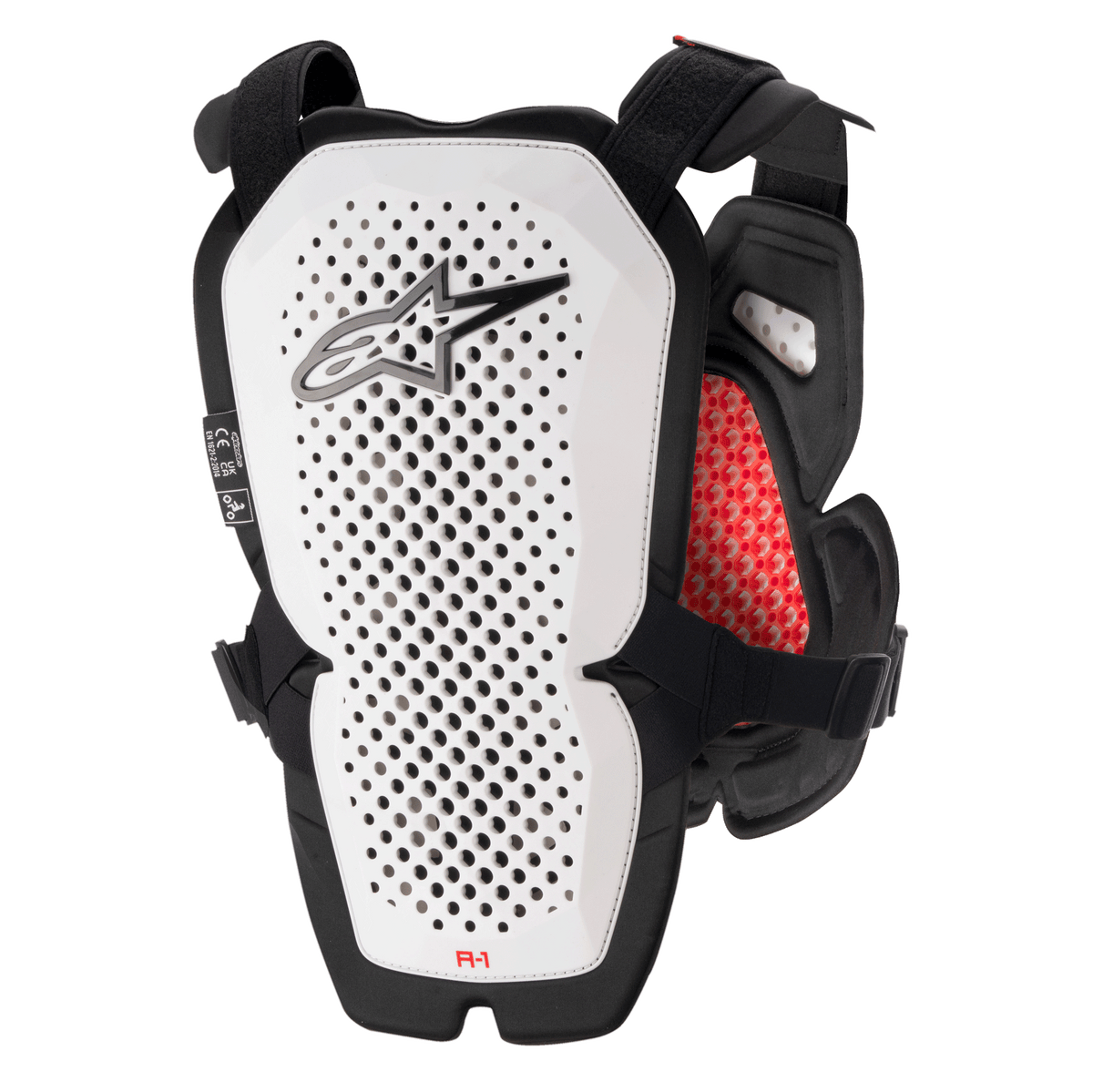 Pettorale Alpinestars A-1 Pro, bianco e nero con dettagli rossi, pannello posteriore traforato per la ventilazione, imbottitura interna a nido d'ape rossa, protezione da motocross leggera