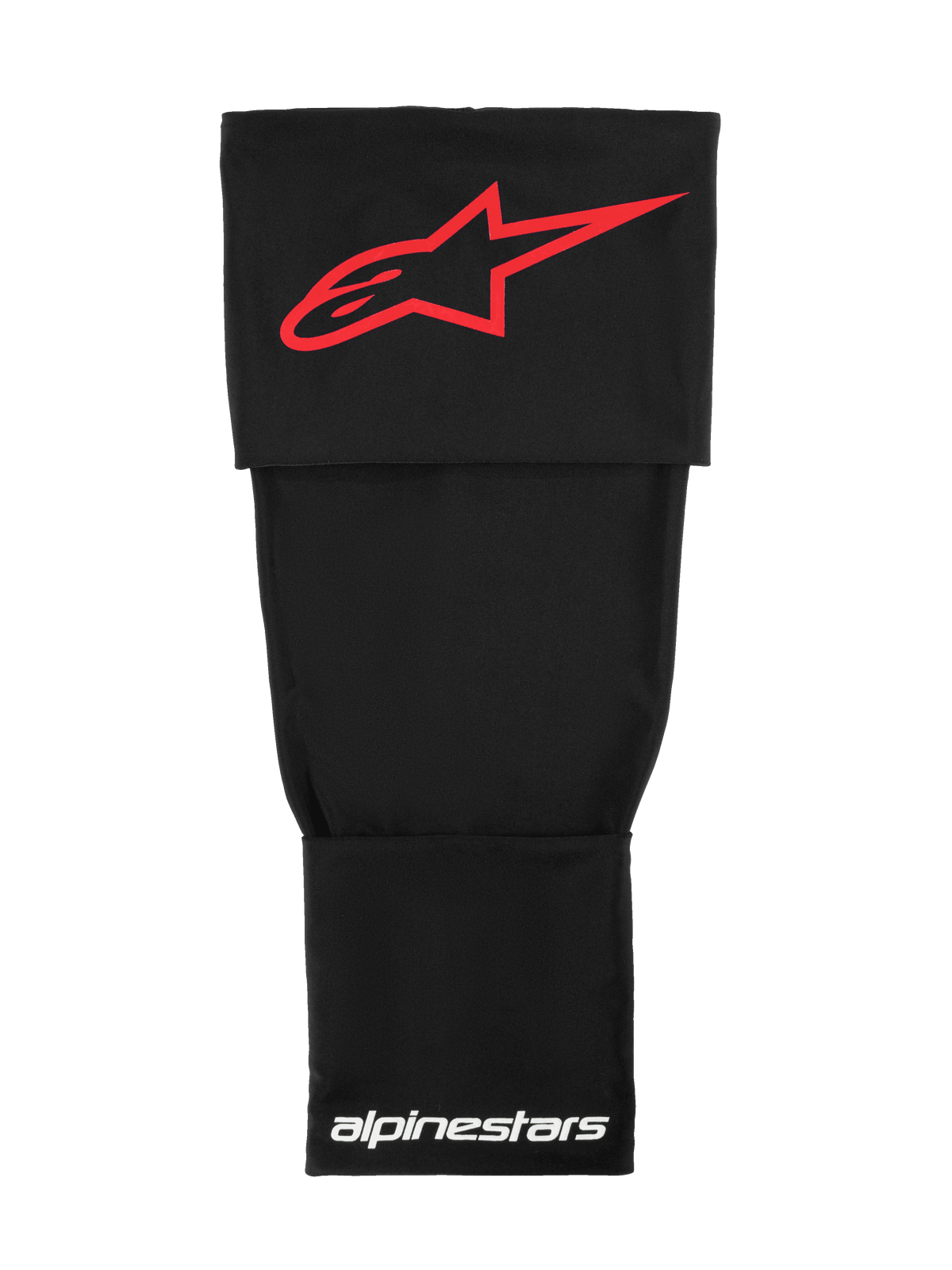 Alpinestars Rk-S Knee Brace Sleeve, base layer tecnico da motocross, nero con logo Alpinestars rosso e scritte bianche, tessuto elasticizzato a doppio strato per supporto sotto il tutore
