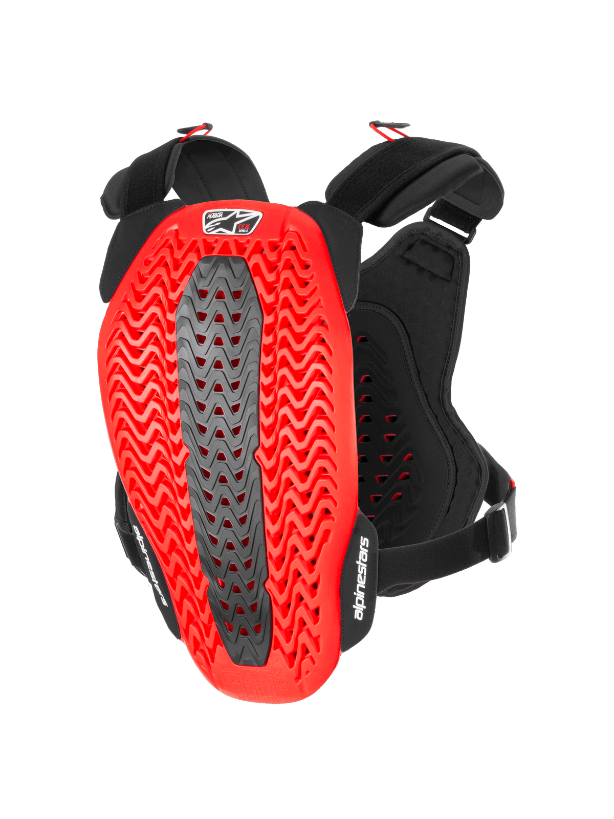 Alpinestars A-5 Plasma Chest Protector, protezione torace e schiena per moto, nero e rosso, vista posteriore che mostra il guscio Nucleon PLASMA rosso perforato a onde con una zona centrale grigia, cinghie regolabili nere con loghi bianchi, equipaggiamento protettivo per motocross e guida fuoristrada