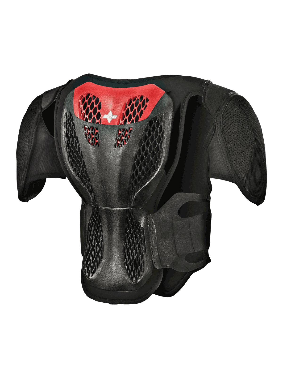 Alpinestars Youth A-5 S Body Armour, vista posteriore, nero e rosso, con piastra posteriore a griglia protettiva, struttura a nido d'ape ventilata e protezioni spalle integrate per protezione motocross fuoristrada