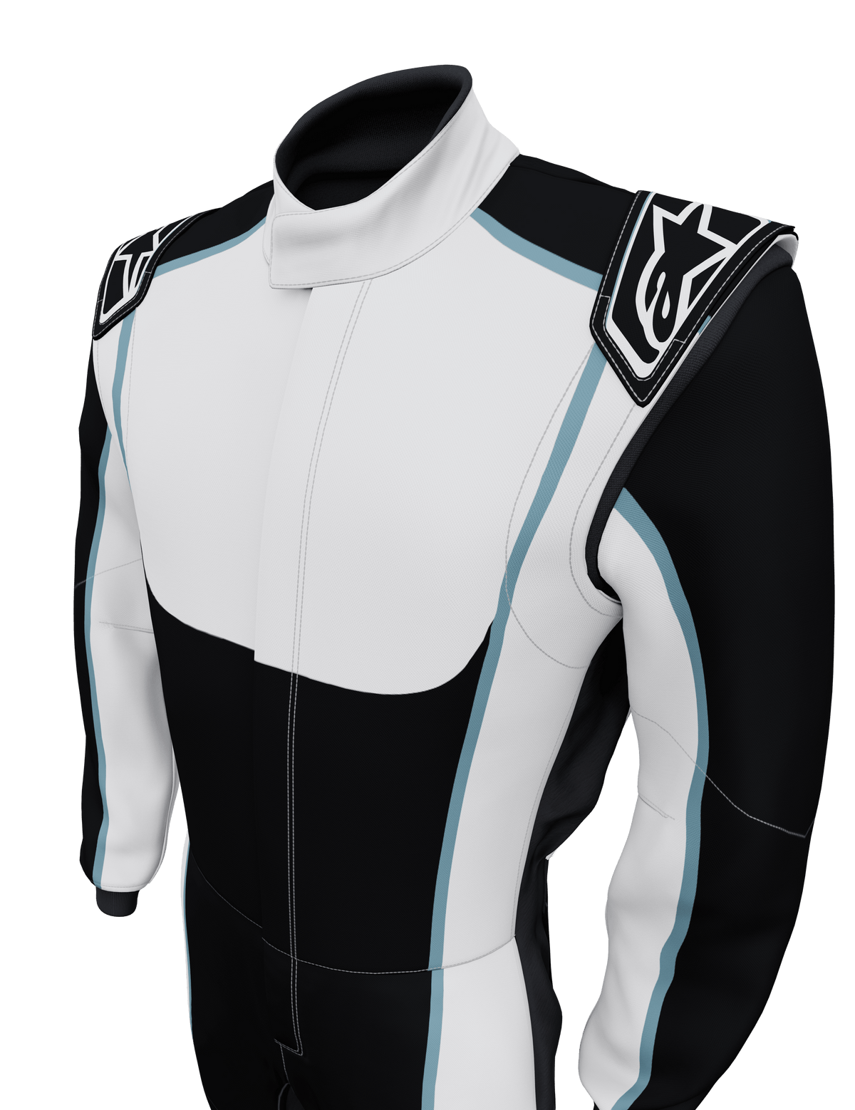 Alpinestars Tech Vision V3 Custom Suit, tuta da gara automobilistica, nero e bianco con dettagli azzurri, con spalline caratterizzate dal logo Alpinestars, design professionale per il motorsport