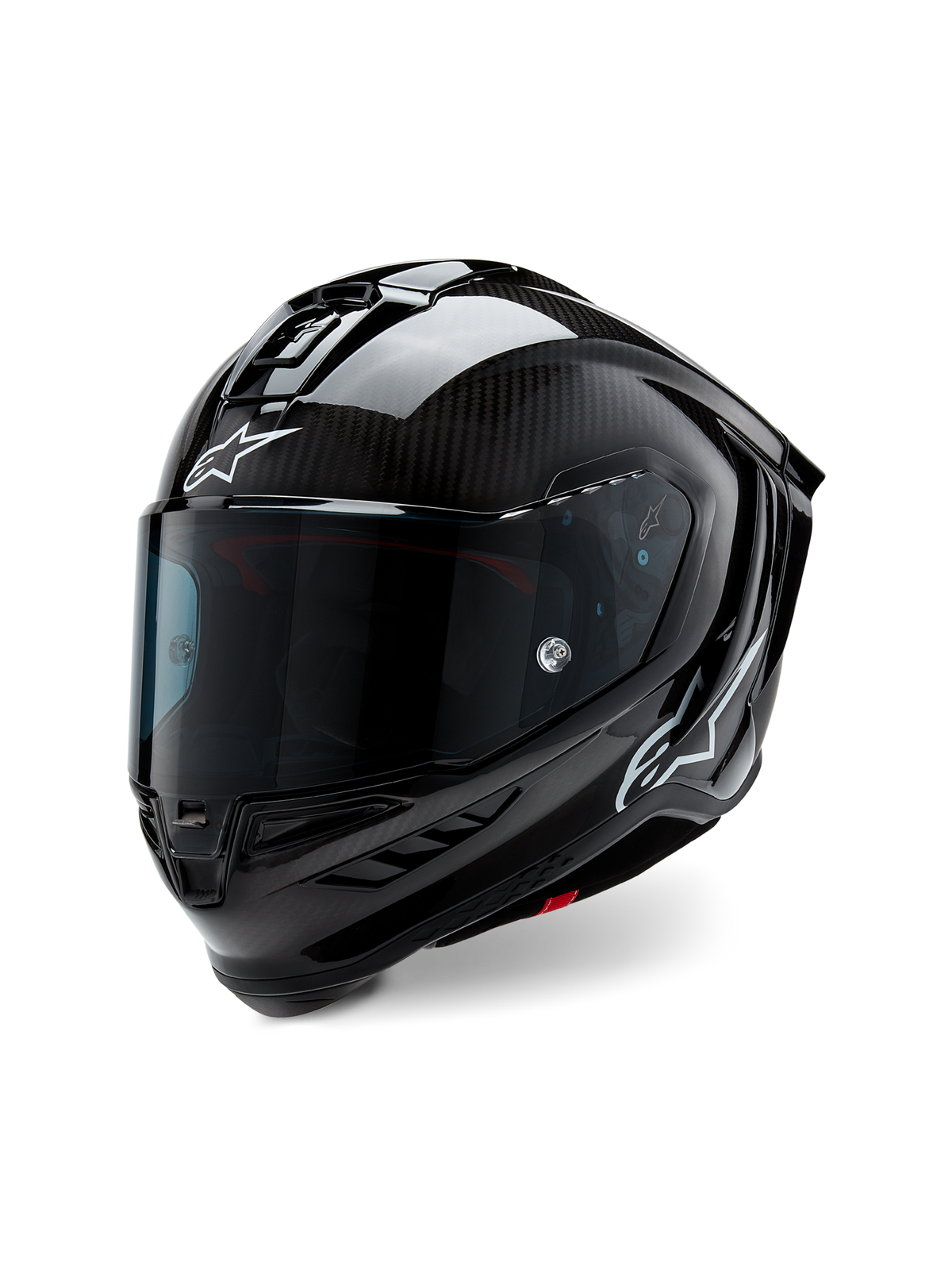 Casco Alpinestars Supertech R10 Solid, casco da corsa per moto, nero carbonio opaco e lucido, con trama in fibra di carbonio a vista, visiera scura, loghi Astars bianchi, design aerodinamico e profilato