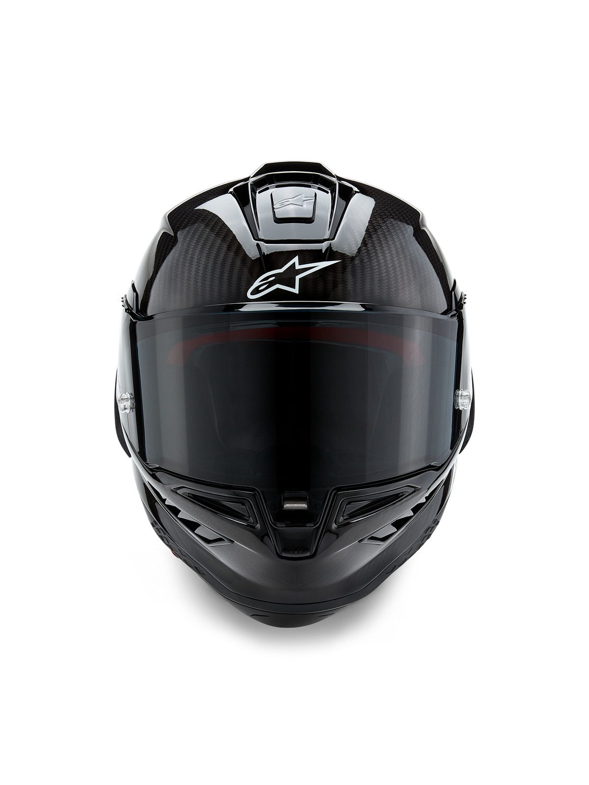 Casco Alpinestars Supertech R10 Solid, vista frontale, finitura in carbonio nero opaco e lucido, trama in fibra di carbonio a vista, logo Alpinestars bianco, visiera scura, casco da moto racing aerodinamico